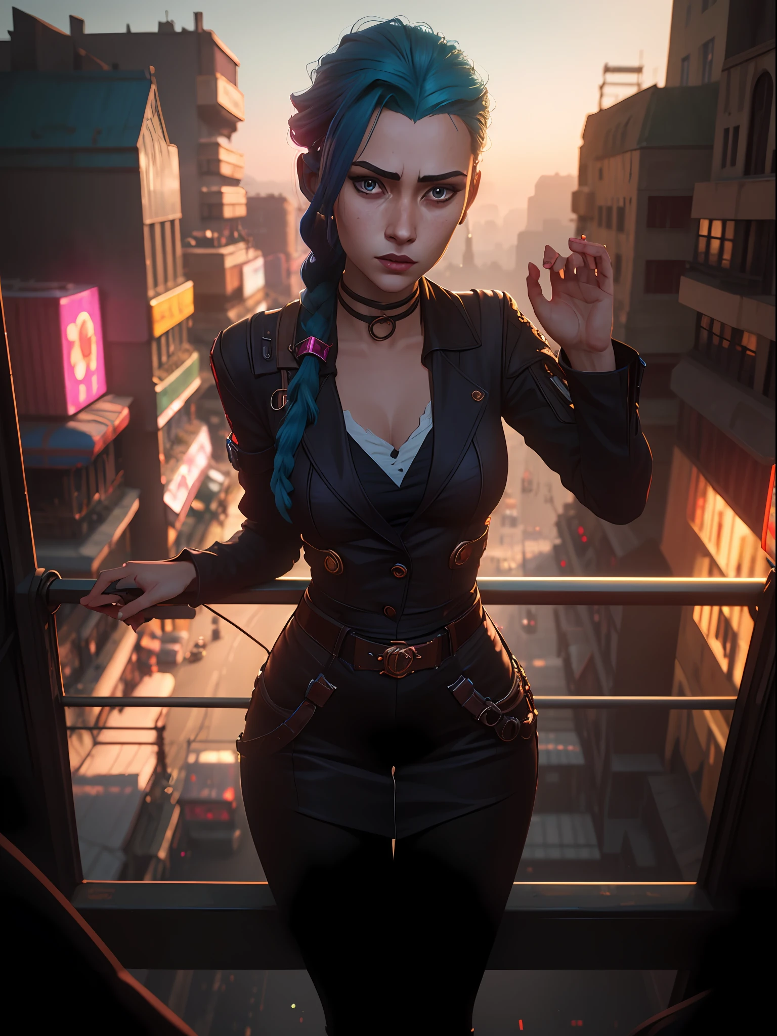 high qulity,Stunningly stunning detail,A girl with,blue long hair,Twist braids,frontage,Background bokeh,Cinematic lighting,leaning against the railing,Hands open on the railing,Contemptuous expression,The background is a cyberpunk-style city,overhead photography,