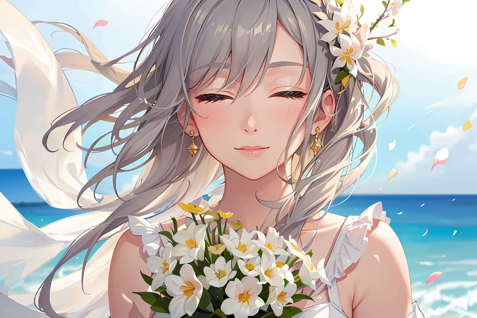 (floating hair:1.2), (detailed and delicate and flexible eyes),(1girl, wedding_dress:1.3), (corrpution,elysia (miss pink):1.2),(white hair)fov, f/1.8, sky, flower petals flying, front portrait shot, side lighting, sunlight on people (masterpiece, best quality, Ultra Detail, wallpaper, detailed shiny skin, flawless, 8k, RAW, highres,absurdres,:1.3), (detailed super oily shiny skin:1.1),[wet:0.8|mucus], sitting, colorful, power scene,looking at viewer,full body