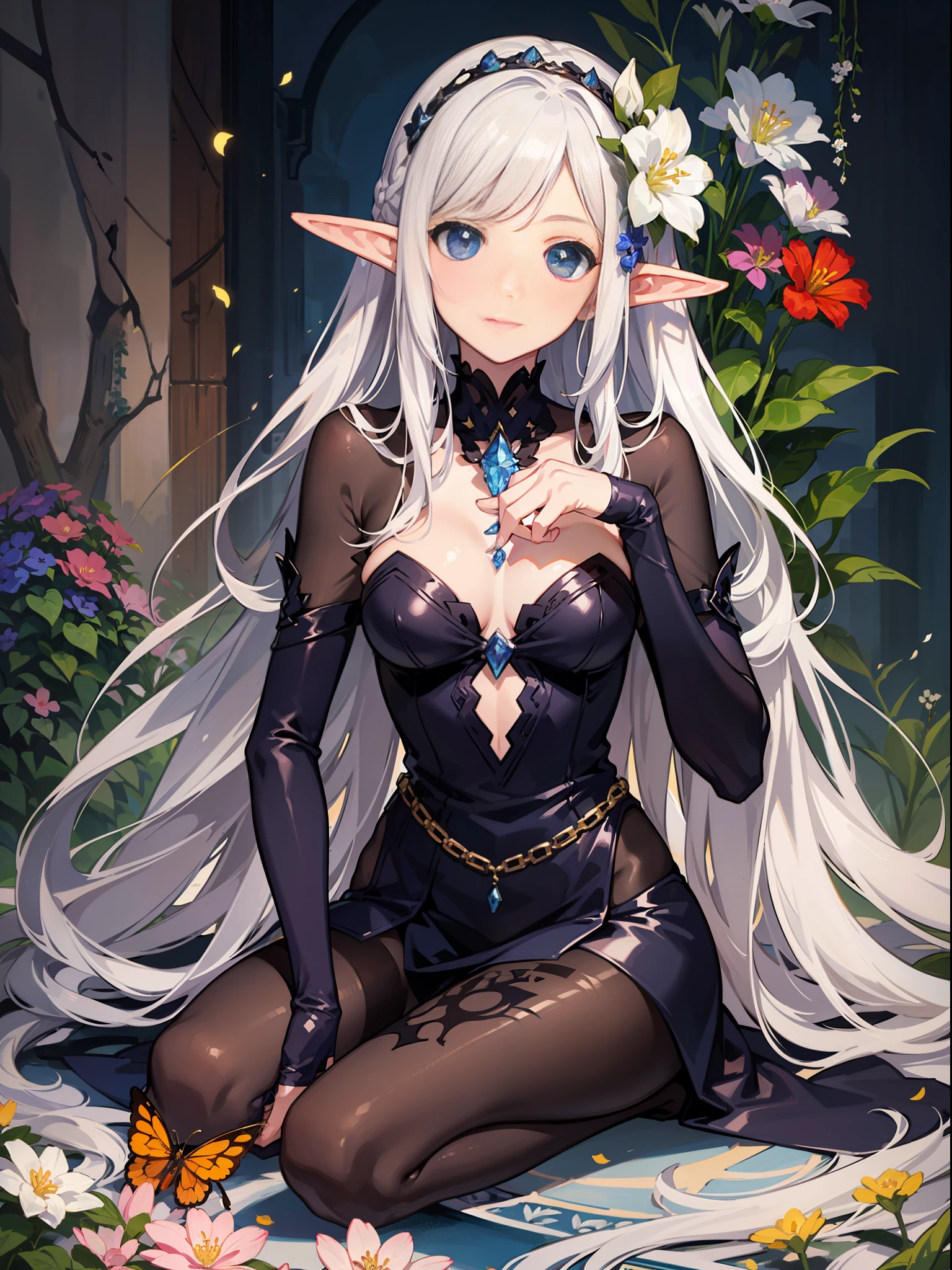 Elf Girl，Silver hair，length hair，shiny skins，A princess，aseprite，Extremely detailed CGunity8 wallpaper，tmasterpiece，（ultra detali），（illustratio），a color，（Flower hairpins，Flowers，gardener），flower face，grow，naturey，high-heeled，fullllbody，Complete clothes