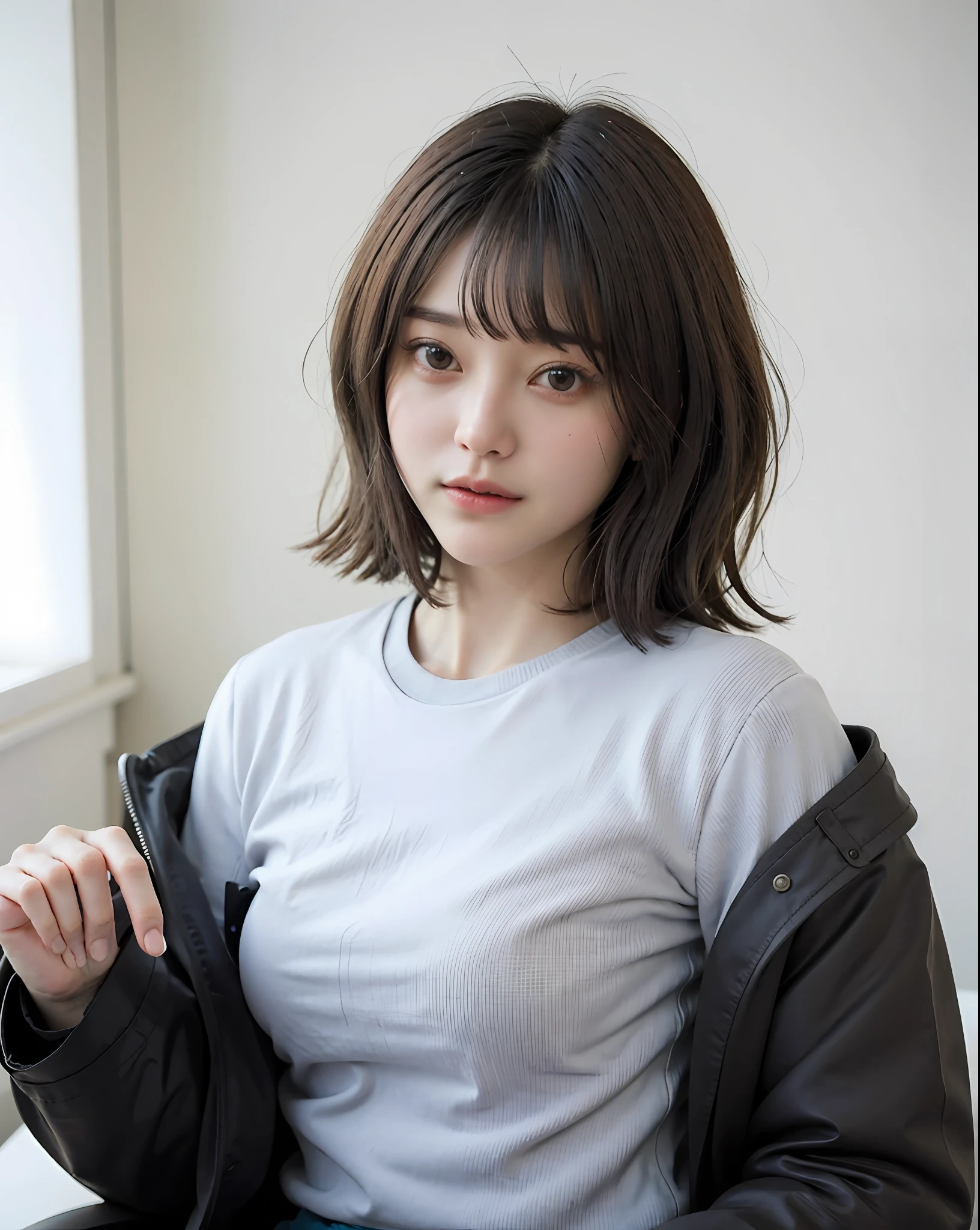 T-shirt, coat,
(photorealistic:1.4), (best quality:1.0), (ultra highres:1.0), 8k, RAW photo, (masterpiece:0.2),
zydG, 1girl, detailed skin, looking at viewer, brown eyes, (short hair with bangs:1.2), (large breasts:1.0), (large areolae:0.8),
(pureerosface_v1:0.5)