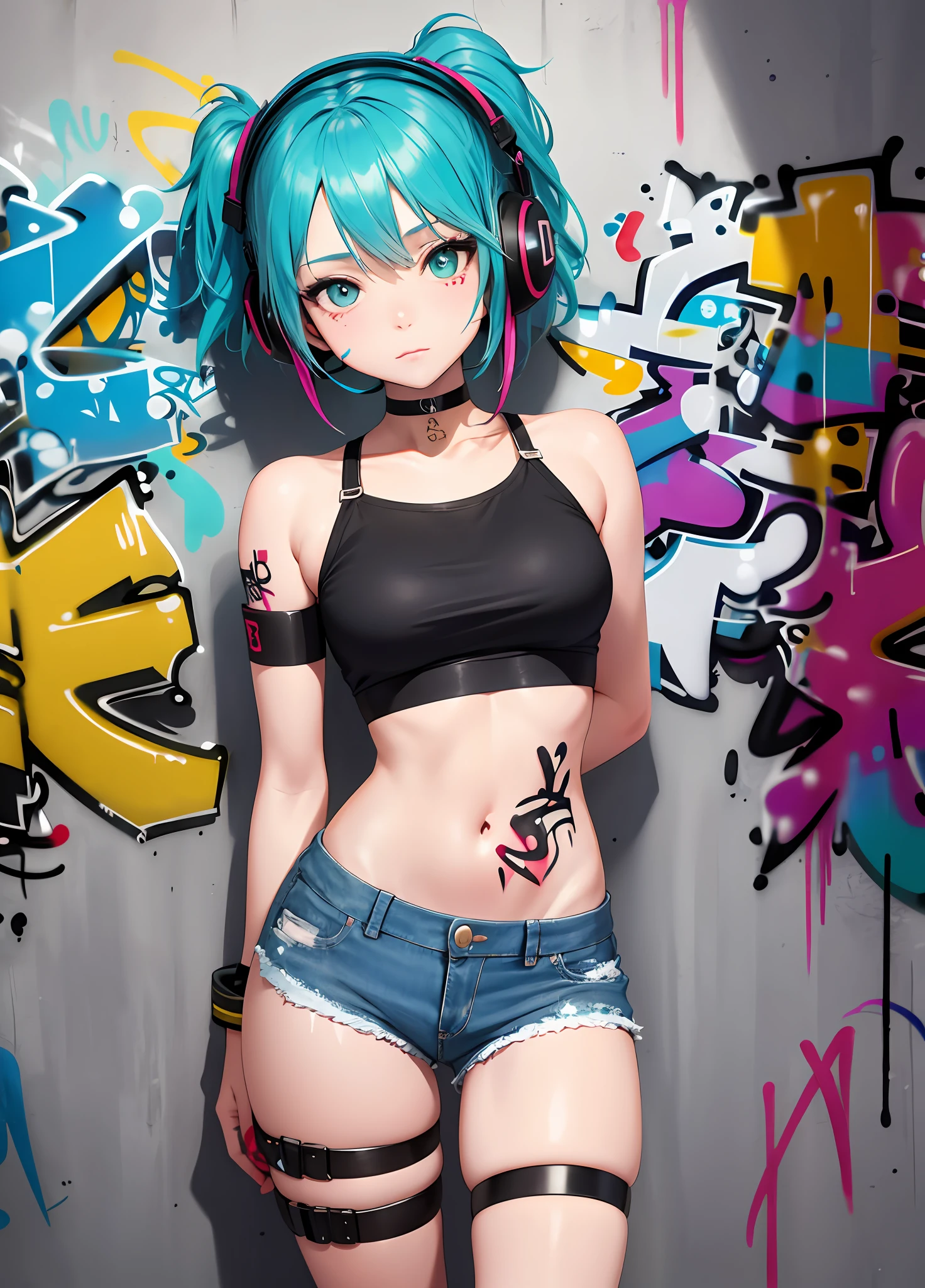 masterpiece, best quality, 1girl, solo, crop top, denim shorts, choker, (graffiti:1.5), paint splatter, arms behind back, against wall, looking at viewer, armband, thigh strap, paint on body, head tilt, bored, multicolored hair, aqua eyes, headset,