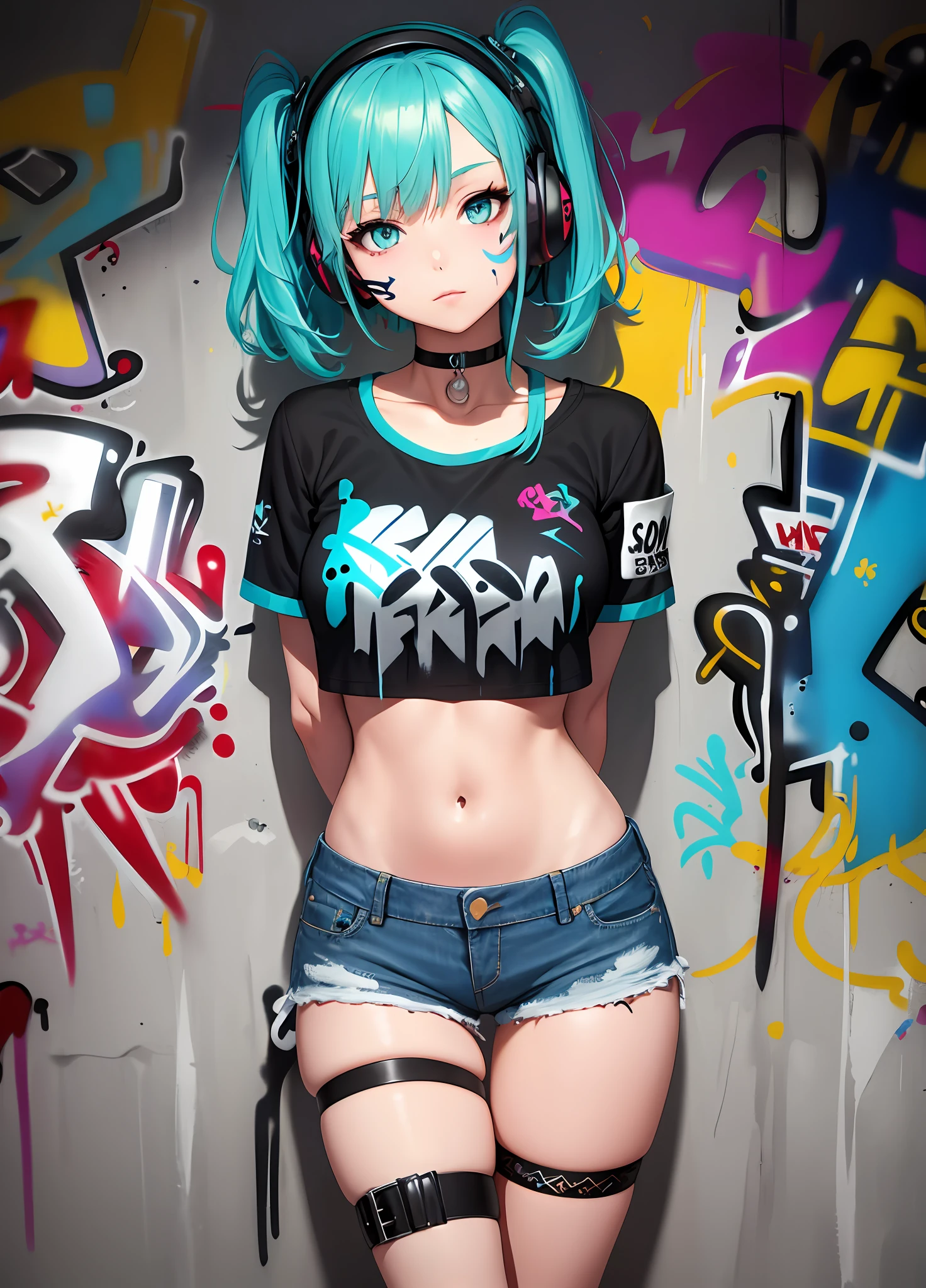 masterpiece, best quality, 1girl, solo, crop top, denim shorts, choker, (graffiti:1.5), paint splatter, arms behind back, against wall, looking at viewer, armband, thigh strap, paint on body, head tilt, bored, multicolored hair, aqua eyes, headset,