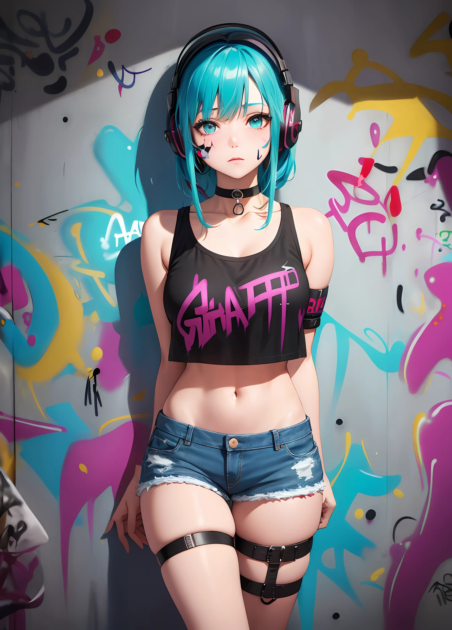 masterpiece, best quality, 1girl, solo, crop top, denim shorts, choker, (graffiti:1.5), paint splatter, arms behind back, against wall, looking at viewer, armband, thigh strap, paint on body, head tilt, bored, multicolored hair, aqua eyes, headset,