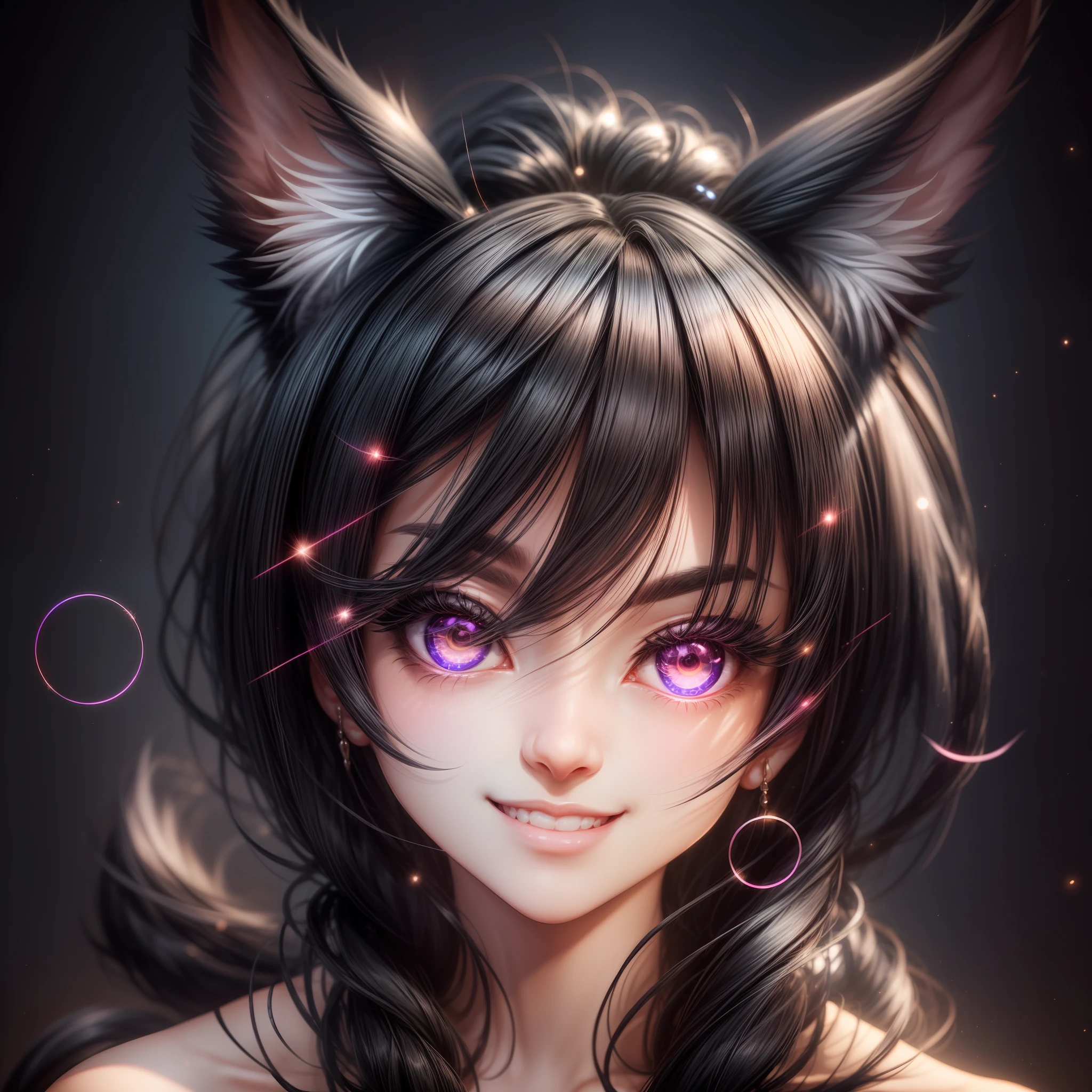 black hair, hair bobbles, wince, longeyelashes, solid circle eyes, fake animal ears, light smile, ear blush, fang, seductive smile, Surrealism, drop shadow, anaglyph, stereogram, tachi-e, pov, atmospheric perspective, 8k, super detail, ccurate, best quality, high quality --auto