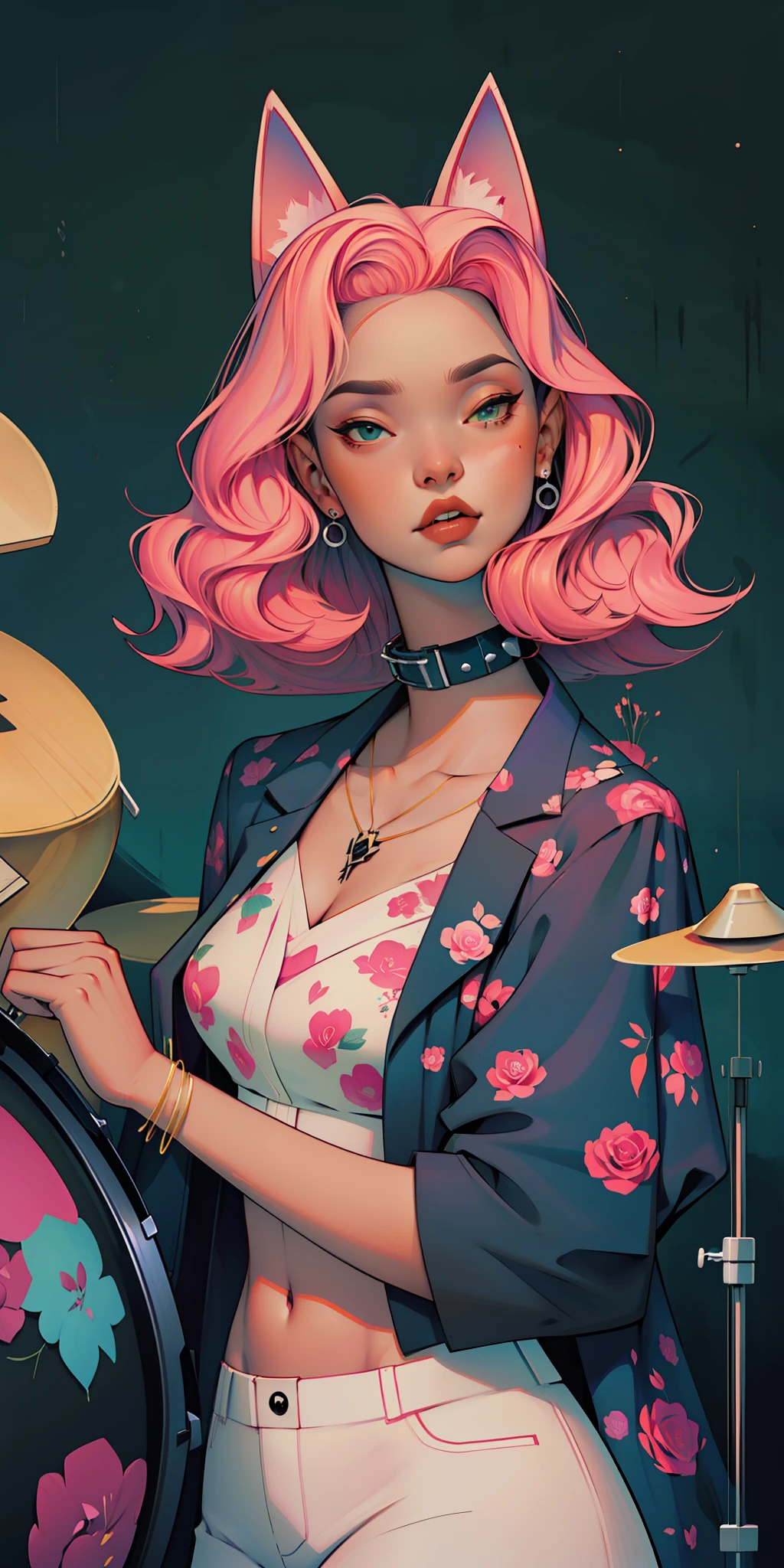 Background, In chic boho style, in a cafe, Ice cream print, multi-colored neon lights, neon garlands, rose hair, mixed-language_SMS, Japanese, (beautiful and clear background:1.2),, fantastic paintings ,graffit style, highly detail eyes , underwear, lace, latex, Pink, Purple, mint, Blue, Yellow, belve, lavender hair, Skull Print, body piercings, Loving, Love, ultra detail hair, Masterpiece, Best Quality, highly quality, hight resolution, detail enhancement, ((most beautiful image in the world)), Masterpiece, Best Quality, highly quality, hight resolution, detail enhancement, ((most beautiful image ), Shiny pink degrade hair, Ultra Short Fitted Stampa, art by stjepan sejic, art by j scott campbell, Artist Guillem March, art by citemer liu, 4k, hight resolution, comic book character, comic, high quality detailed, style of ::2.0 comix illustration style,tatoon style, highly quality, hight resolution, detail enhancement, 8K, HD, Best Quality, highly quality, hight resolution, detail enhancement, 8K, HDR, sharp-focus, Ultra Detailed, perfect lighting, Curvy Body, Lush breasts, Curvy hips, skull print on clothes, rock, rock star, Cool,black leather raincoat, style of, spikes, Punk Rock, Wolf, Cat's ears, Cool bracelets, Choker, calavera, gotik, Skinny, (((Plays drums))) i7rays on the reels, Plays, Drums, drams drummer, drumsticks, virtuoso