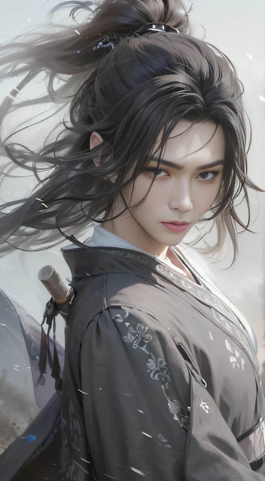 A 20-year-old heroine，length hair，Hanfu，Robe，Handsome face shape，Fierce and evil，The eyes are murderous，looking straight the viewer，true to life：1.2