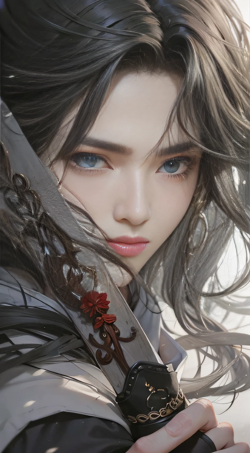 A 20-year-old heroine，length hair，Hanfu，Robe，Handsome face shape，Fierce and evil，The eyes are murderous，looking straight the viewer，true to life：1.2