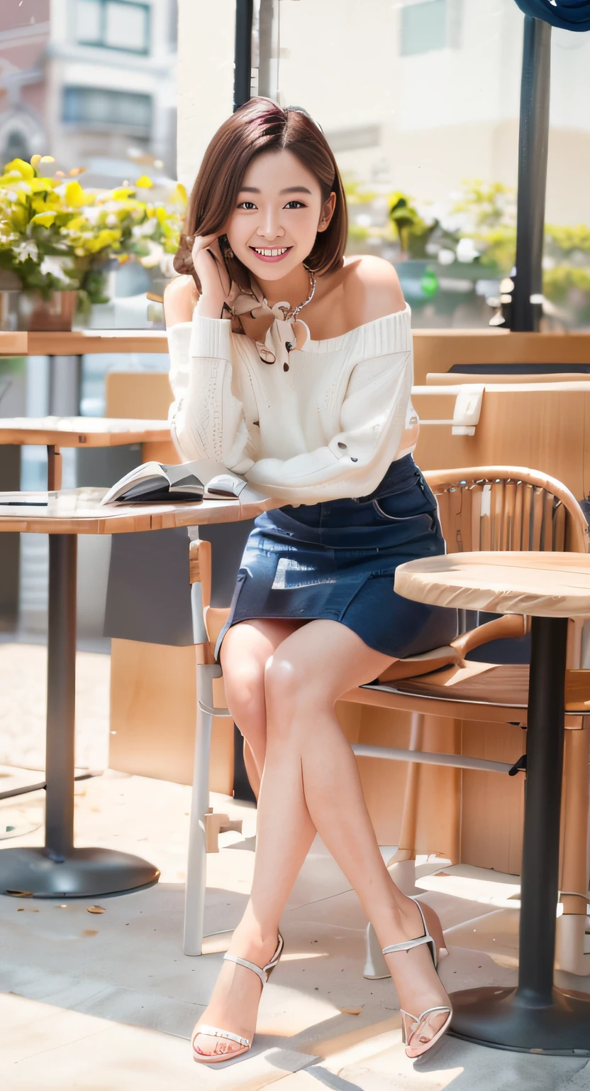 A smile、White sweater、Navy blue miniskirt、cafes、(8k、RAW Photography、beste-Qualit、​masterpiece:1.2)、(realisitic、photoRealstic:1.37)
