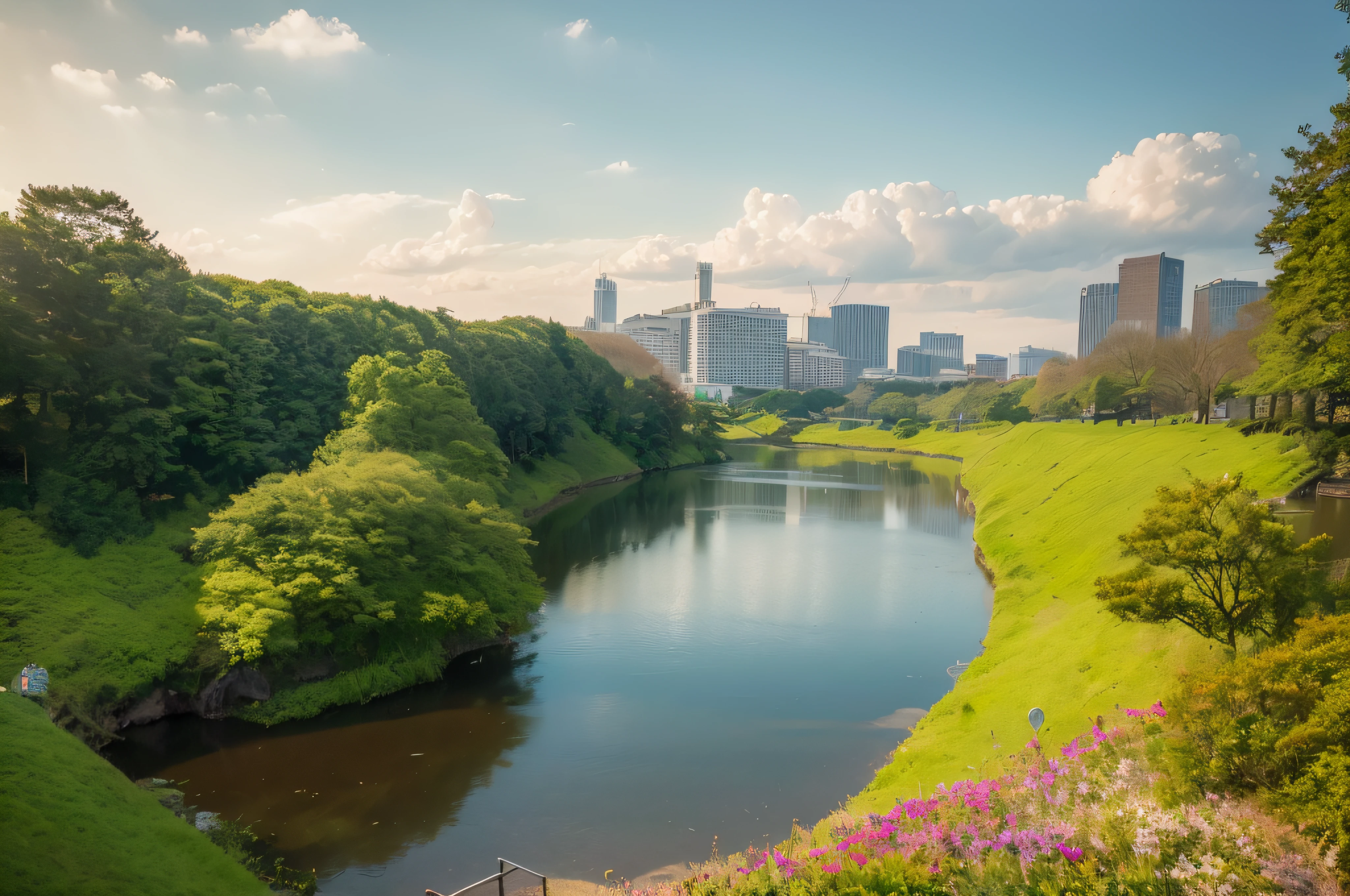 there is a river running through a park with a city in the background, surrounding the city, nature growing around the city, moat, grass field surrounding the city, parks and lakes, the imperial palace, katsushika, beautiful iwakura, photo taken with sony a7r, from distance, taken with sony a7r camera