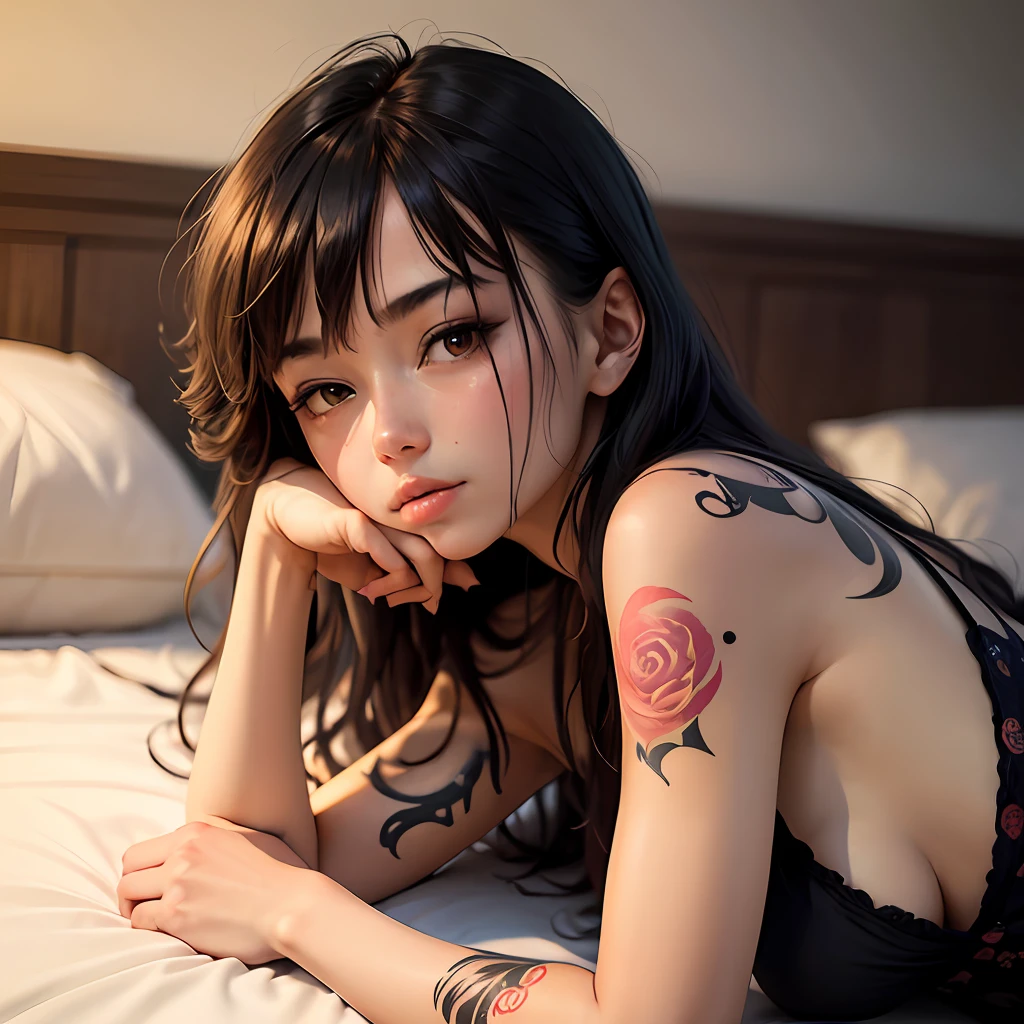 A girl with,Wear JK,laying down on bed,There are tattoos on the skin --auto