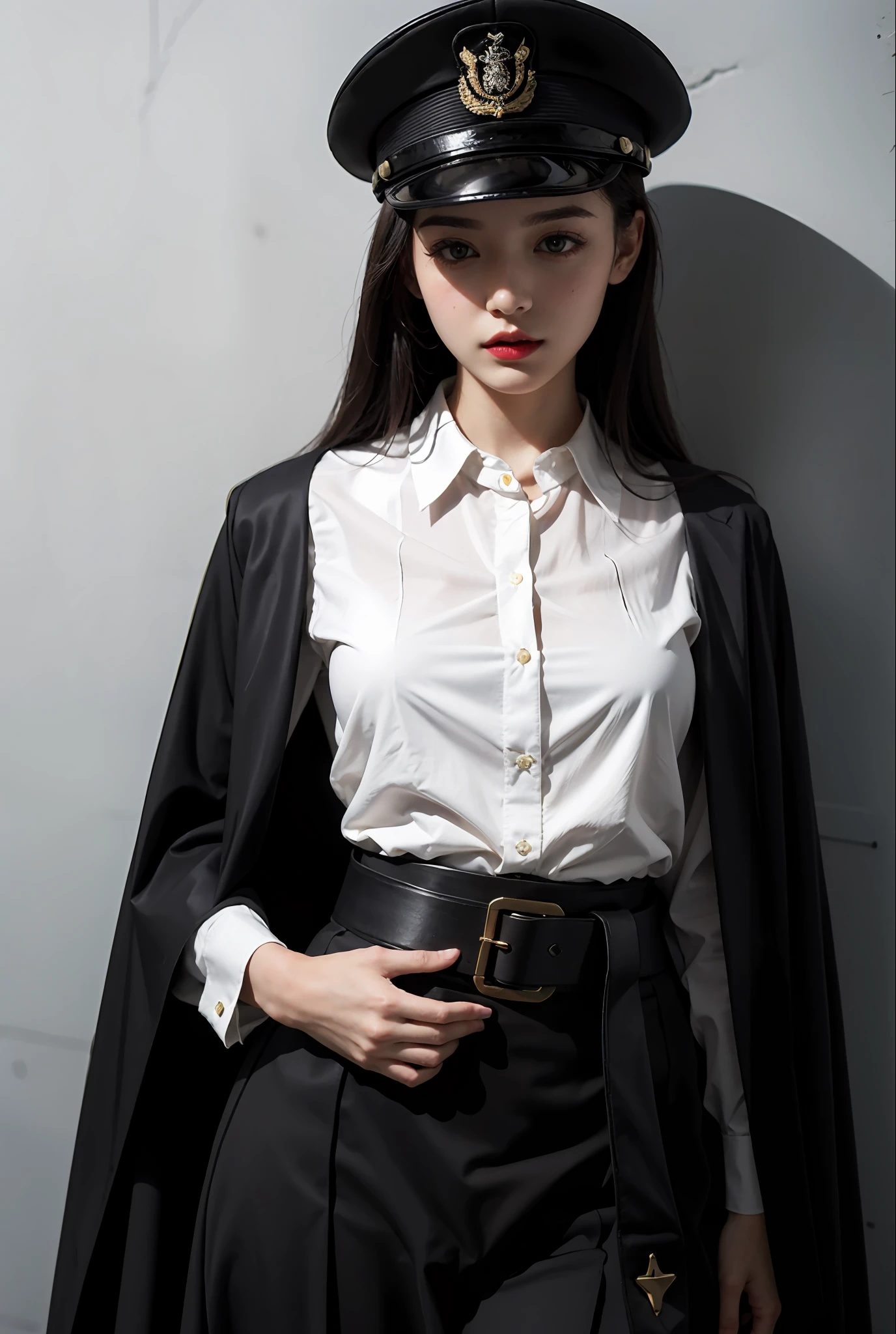 beatiful woman,Dress conservatively,white shirt,Black military uniform,military hat,Cloak,crpg,Cold and glamorous,Redlip,belt around waist,Capable,