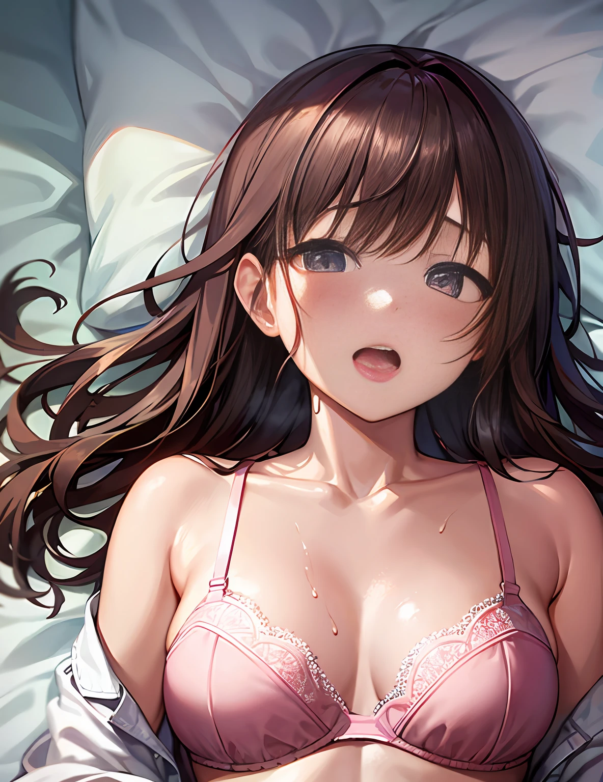 pov、Beautiful woman with brown hair in shorts and bra、Lying next to you in bed、Angle from above、beste-Qualit、​masterpiece、８ｋ、Beautiful pictures, (red blush), ,NSFW、Holding back from peeing、Open mouth、put out the tongue、Steam from the mouth、Sweat from the face、Patience is the limit、On the verge of climax、embarrassed from