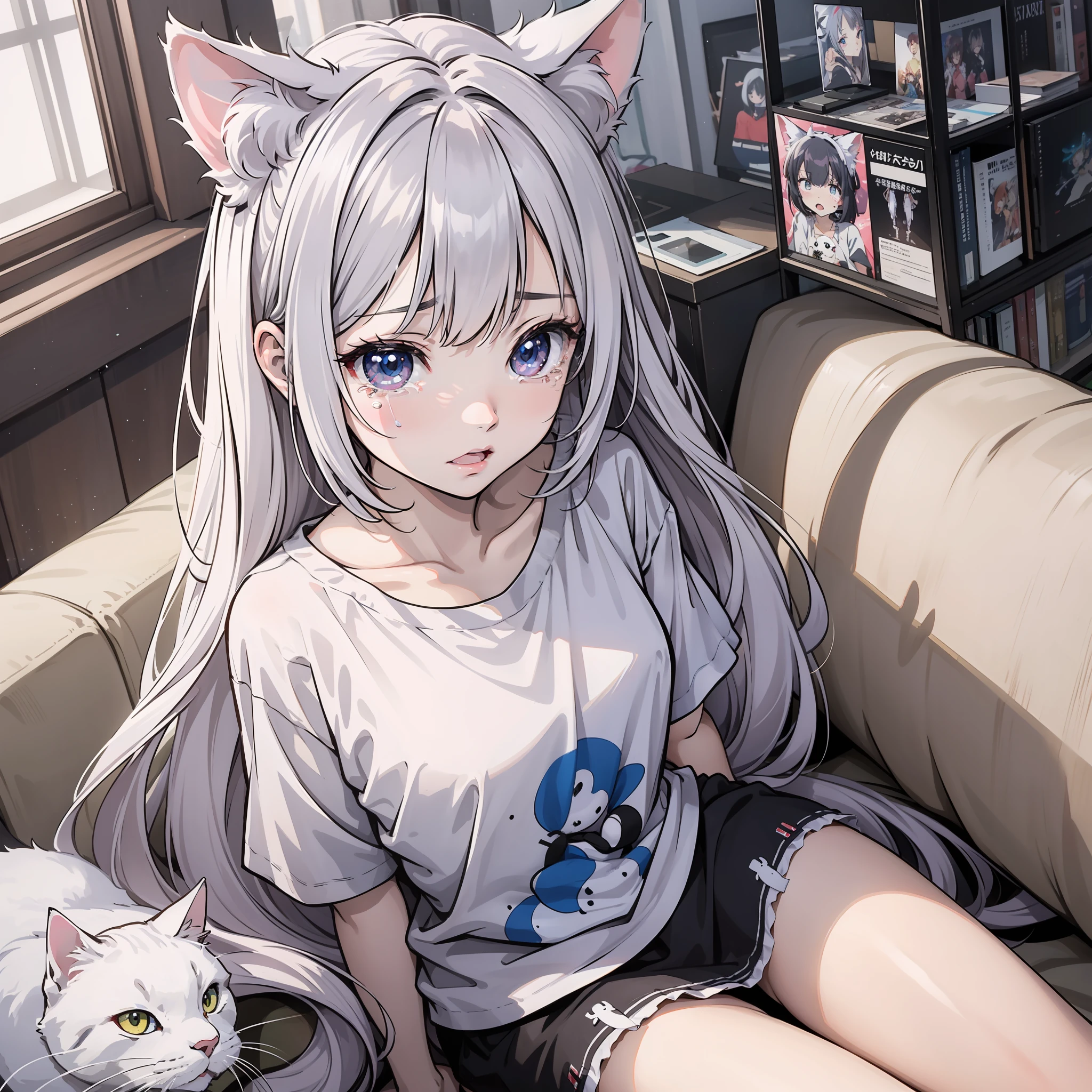 A long white hair and white cat ears，A 10-year-old anime girl wearing an oversized white T-shirt sits on the sofa in the room crying sadly（The background is room 1 of an upscale apartment.5）style of anime4 K，Anime rendering，Guviz-style artwork，style of anime。8K，Guviz，Beautiful anime girls，Beautiful anime face，Cute anime girl with big eyes full of tears 1.5（Desperate cry 1.5）（Open mouth 1.5）（Crash Cry 1.3）（Tears 1.5）（Tears 1.5）（Full body display 1.5）（Tearful eyes 1.5）（Poor milk 1.3）（Juvenile little girl 1.3）（Movie Lights 1.5）