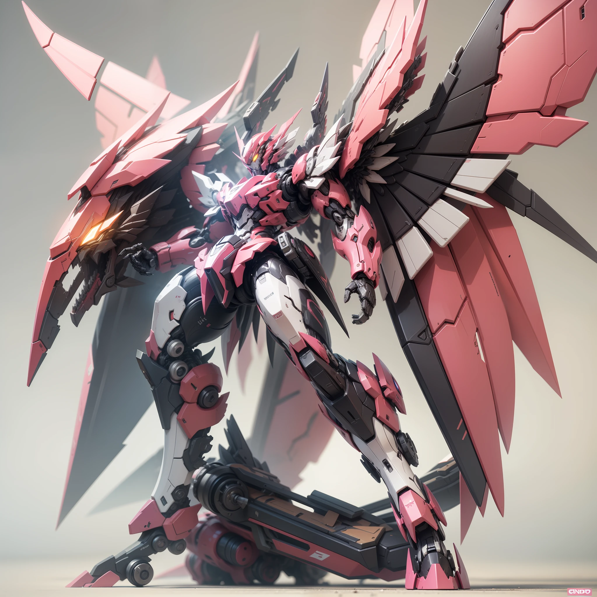 Gundred,Pink and white cherry blossom color scheme, The background is blurred out, Front view, Ultra HD, Mechanical parts with a lot of details, Whole body diagram, Mechanical wings with angular corners, Game style.