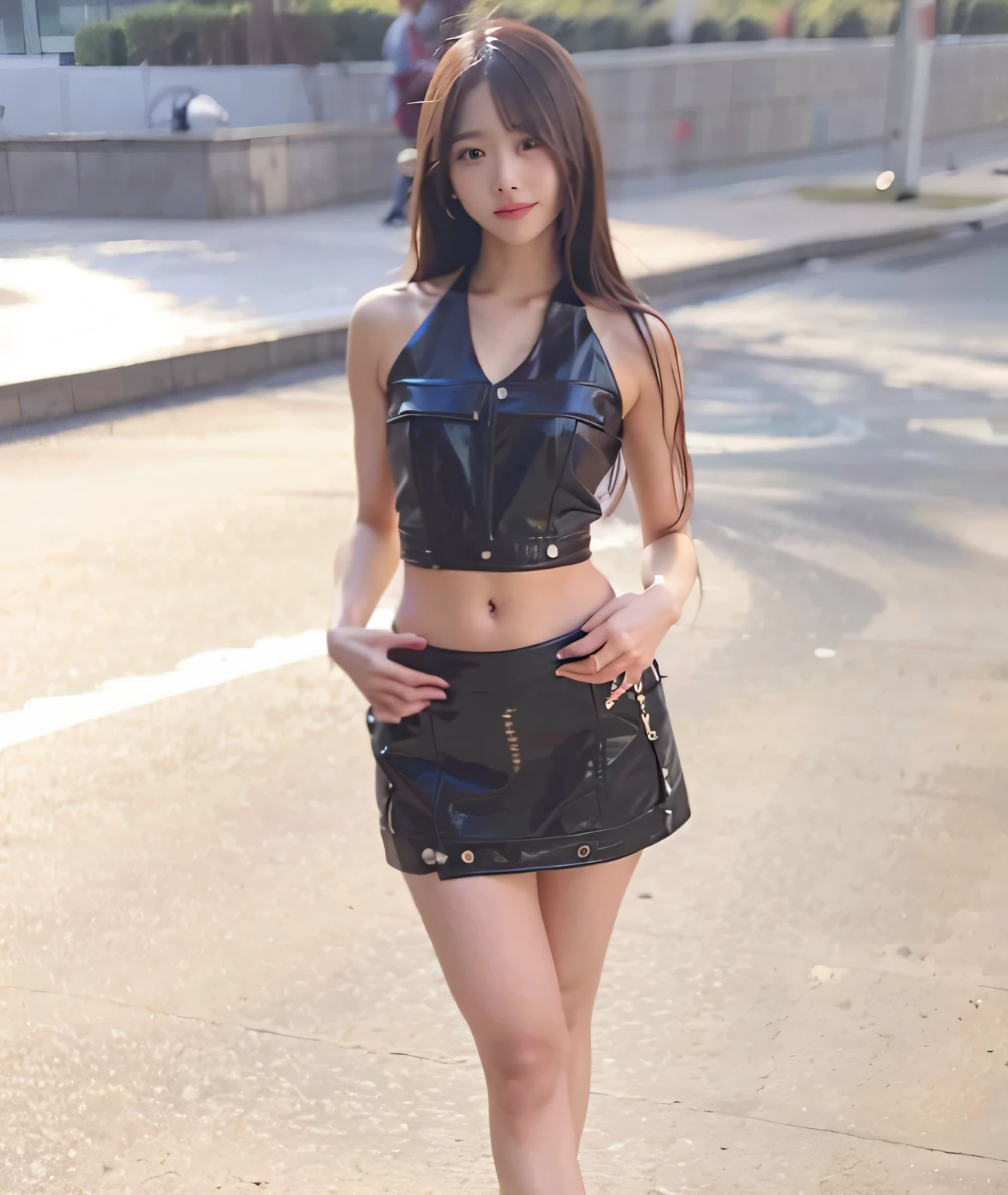 araffe woman in a black dress standing on a skateboard, Korean Girl, Gorgeous young Korean woman, beautiful Korean women, black leather slim clothes, Hot with shining sun, korean female fashion model, Sexy girl, Sexy style, photo of slim girl model, very sexy costume, Asian Girl, 2 female model, Beautiful young Korean woman、hightquality、in 8K