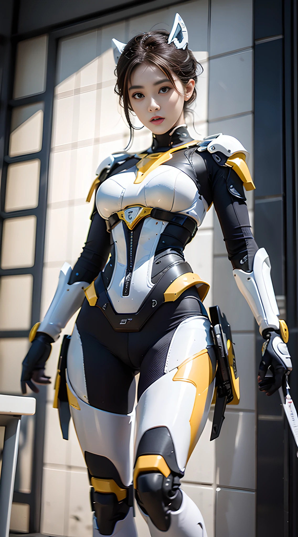 Alain mecha gear boy girl,fullllbody,(Yellow-and-white color-block ceramic mech shell:1.3),Tall andelegant,Slender figure,The model poses beautifully,,unreal-engine,8K rendering,in full color,Extreme,The ultra -The high-definition,Hyperrealistic art,Extreme,masterpiece,illustratio,Extremely beautiful,CG,unified,Wallpapers,offcial art。Hyper-realistic、Amazing、filigree、extremely detaild的 CG unified 8k wallpapers,(photorealestic,realisticlying:1.37),( the complex background:1.9),