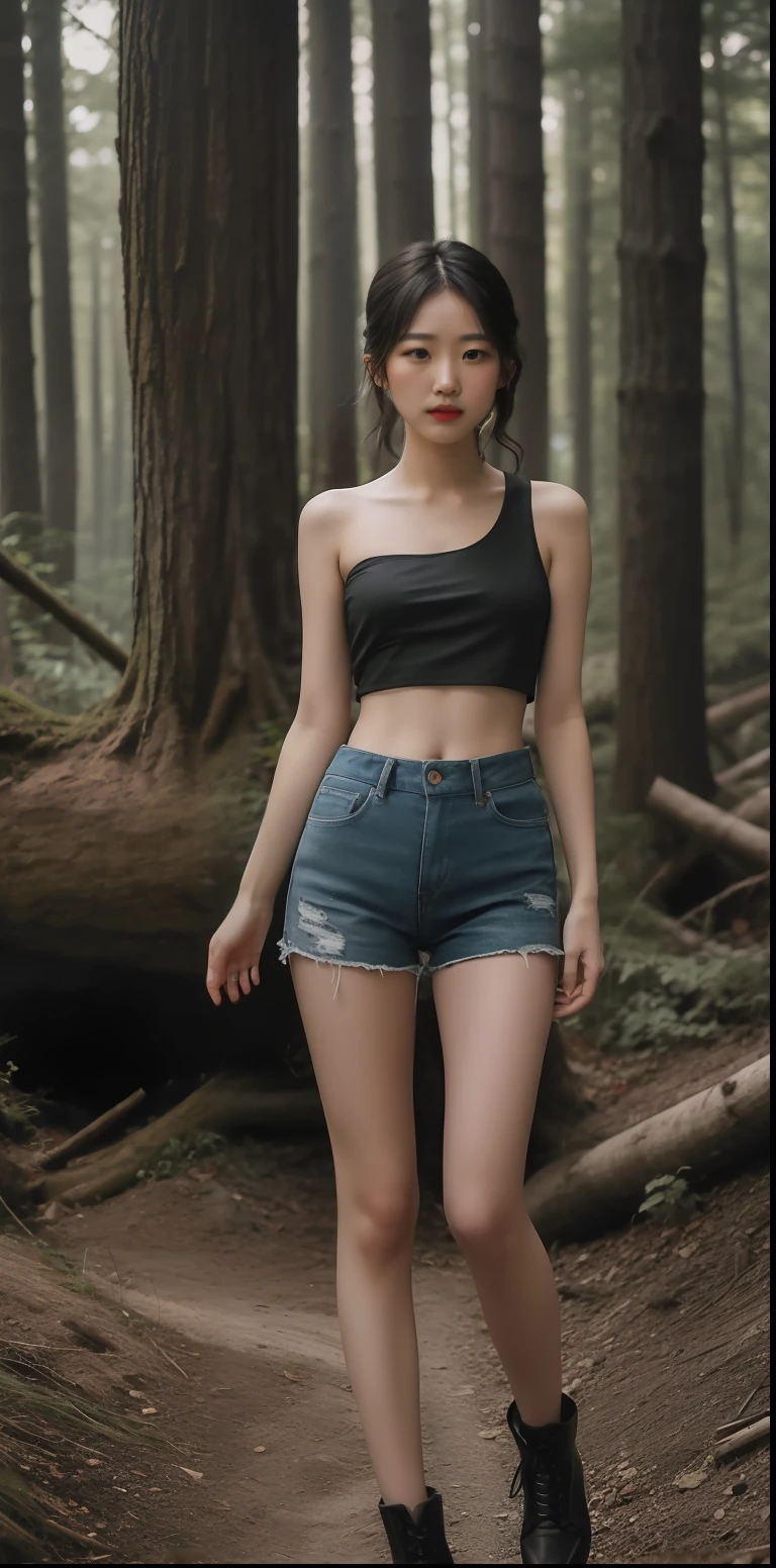 Archer、22-year-old girl、extremely detailed full body color photo、beautiful  face、beautidful eyes、（a small nose）、Large natural lips、（Crop top of dough）、tiny chest、One-shoulder tank top、Camouflage pattern、Slim body、exteriors、a woods、（film grains、Skin Details、detailed skin textures、8K HDR、Digital SLR）