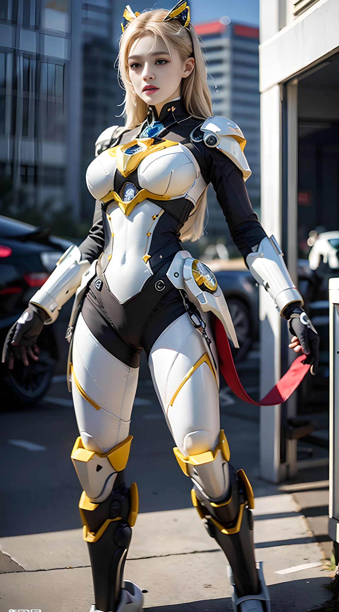 Alain mecha gear boy girl，fullllbody，（Yellow-and-white color-block ceramic mech shell：1.3），Tall andelegant，Slender figure，The model poses beautifully，，unreal-engine，8K rendering，in full color，Extreme，The ultra -The high-definition，Hyperrealistic art，Extreme，​masterpiece，illustratio，Extremely beautiful，CG，unified，Wallpapers，offcial art。Hyper-realistic、Amazing、filigree、extremely detaild的 CG unified 8k wallpapers，（photorealestic，realisticlying：1.37），（ the complex background：1.9），