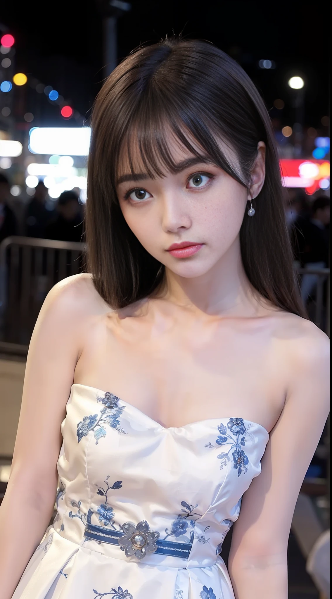 AV Pretty Girl, Peach detailed face, Top quality, Small face, Black hair, thin, Camera gaze, heartthrob, Live action,,  Photo session,, Moe,  Model body type，Elegant and dignified posture，Blue and white dress，Standing。midynight，city night scene，Roof roof，Bustling city night view