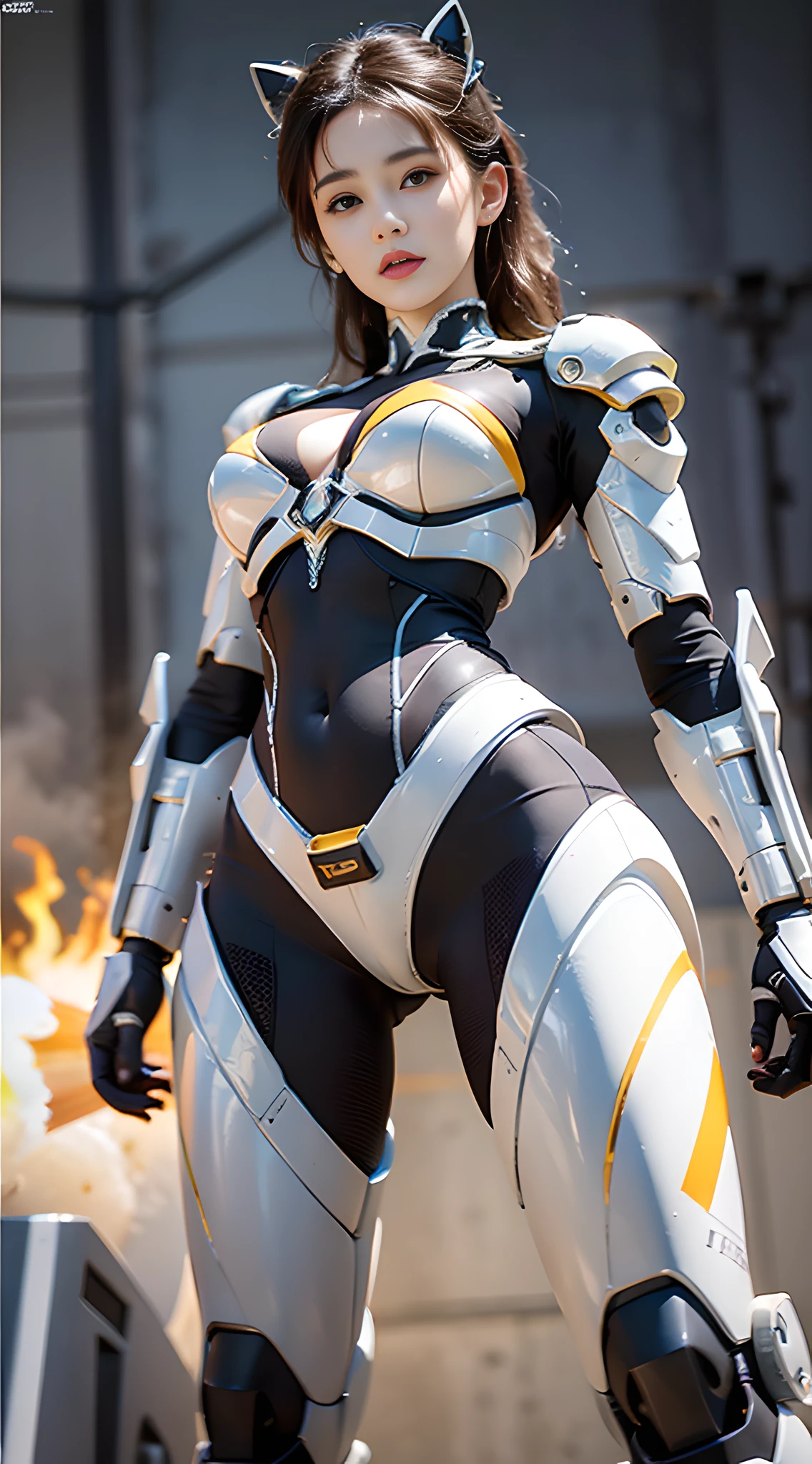 Alain mecha gear boy girl，fullllbody，（Yellow-and-white color-block ceramic mech shell：1.3），Tall andelegant，Slender figure，The model poses beautifully，，unreal-engine，8K rendering，in full color，Extreme，The ultra -The high-definition，Hyperrealistic art，Extreme，​masterpiece，illustratio，Extremely beautiful，CG，unified，Wallpapers，offcial art。Hyper-realistic、Amazing、filigree、extremely detaild的 CG unified 8k wallpapers，（photorealestic，realisticlying：1.37），（ the complex background：1.9），