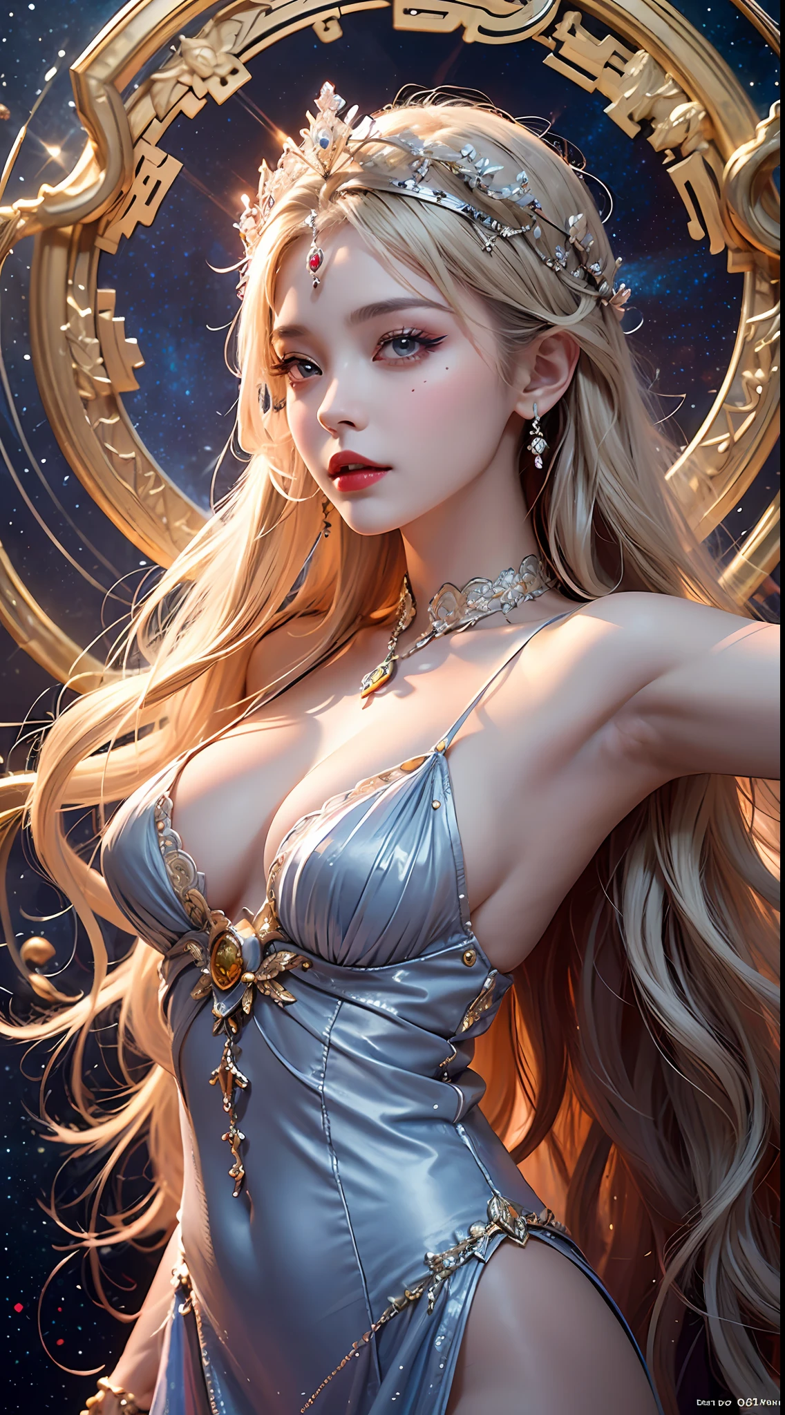 1 27 year old girl, 1 goddess from the future athena, 12 zodiac signs goddess pink purple, goddess athena sexy face slim yellow nightgown, long thin nightdress with many sexy black lace details, goddess athena legend from the future, sign of athena, chic glitter athena style, dark and mysterious version, athena crown, red lips, thin and beautiful lips, not smiling, sucking tight mouth, character created by karol bak and pino daeni, intricate detail, detailed background, extremely detailed, light dharma, female, inner side, side view of goddess Athena. big and round breasts, phoenix hairpin, long hair with platinum bangs, (Long hair has 7 colors like a rainbow: 1.9), beautiful face in every detail, sharp balanced eyes, (transparent yellow eyes: 1.8), big round eyes and very beautiful and detailed makeup, visionary, long silk nightgown, mysterious makeup, Bracelet, jewelry on goddess athena's thigh, bangs and dyed light blonde, upper body, (the goddess Athena upper body: 1.8), drooping arms, realistic and vivid image, (stars that make up athena: 1.7), (athena sky and portal of time and space fictional space: 1.8), fictional art texture, RAW photo, hanfu photo, best photo, high resolution, best quality, best photo, 8k quality, 8k ultra, surreal photo, photo most economical, athena sign art portrait photo, 1 back athena sign icon, athena lace tights, single athena portrait photo, truest color scheme, best photo color, masterpiece, jewelry hair decoration, necklace, jewelry, pretty face, upper body, tyndall effect, photo realistic, dark studio, border light, athena goddess body magic effect, two tone lighting, (high skin detail: 1.2), 8k uhd, dslr, soft light, high quality, volumetric light, candid, Photo, high resolution, 4k quality, 8k, Bokeh, Smooth and sharp, 10x pixels, sexy Athena, sexy athena, (back space: 1.8), (galaxy: 1.7), aurora, lightning, (background aurora: 1.8), perfect eyes, beautiful eyes photo, the goddess of beauty and flowers,