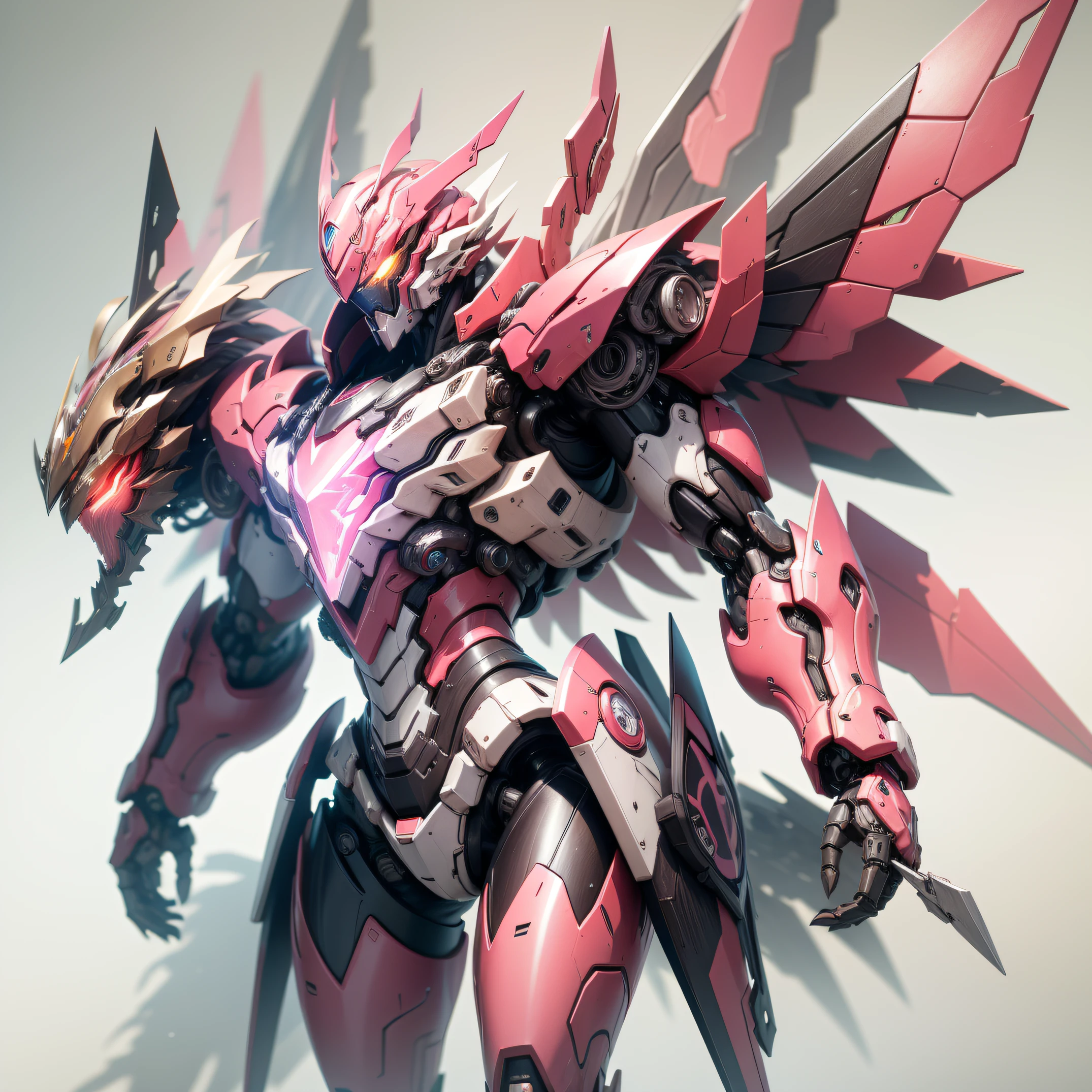 Gundred,Pink and white cherry blossom color scheme, The background is blurred out, Front view, Ultra HD, Mechanical parts with a lot of details, Whole body diagram, Mechanical wings with angular corners, Game style.