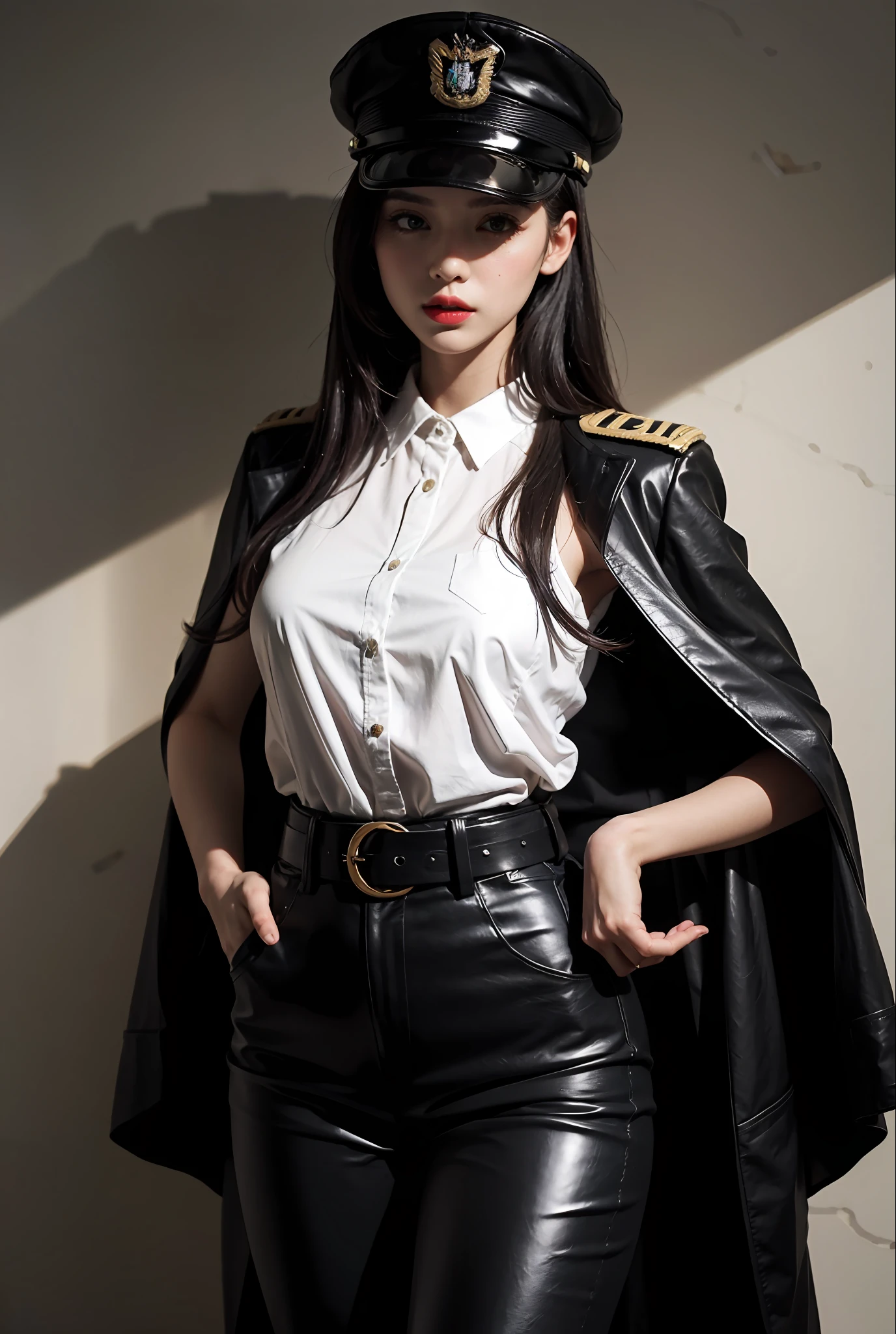 beatiful woman，Dress conservatively，white  shirt，black formal，military hat，Black leather pants，Cloak，crpg，Cold and glamorous，Redlip，belt around waist，Capable，