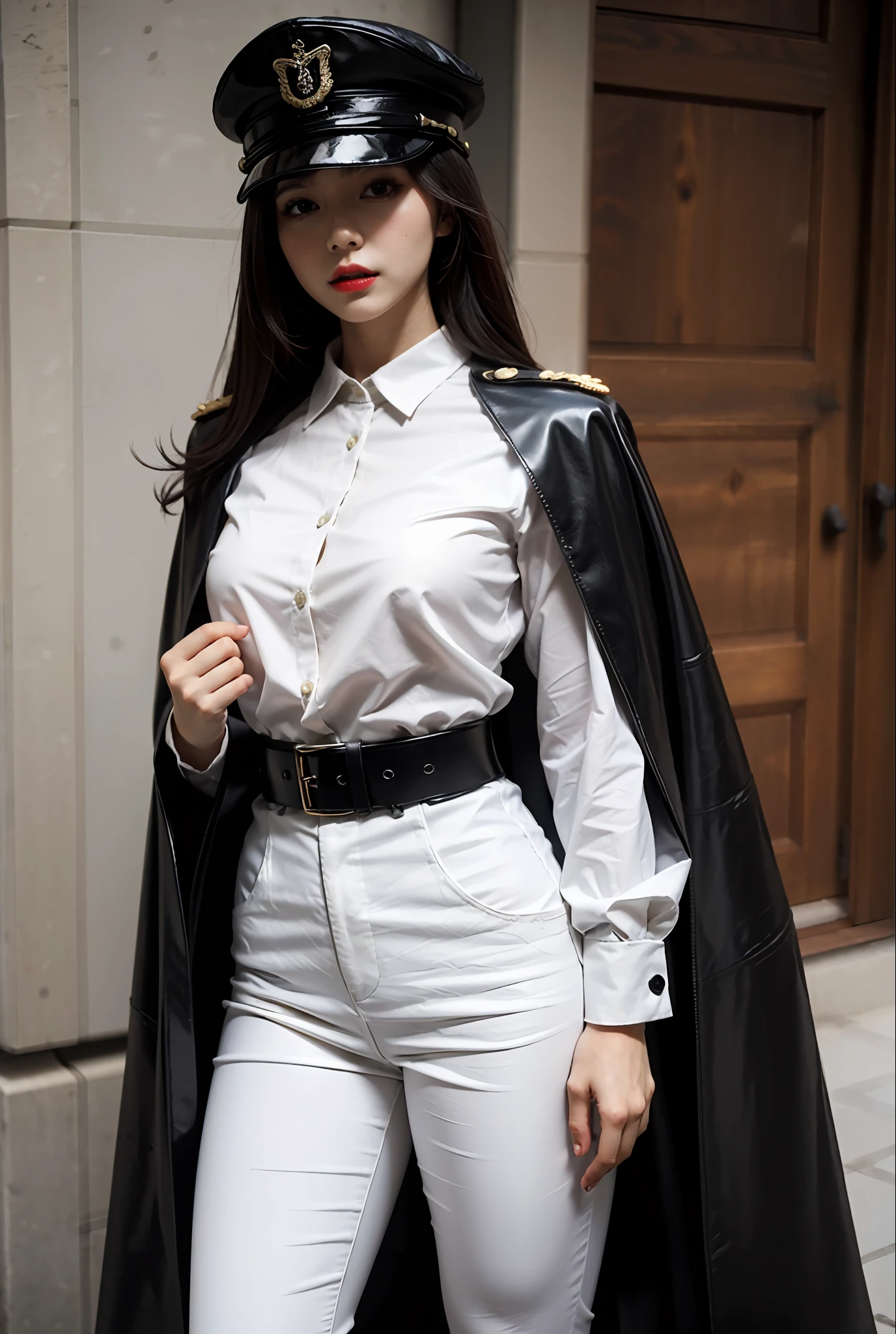 beatiful woman,Dress conservatively,white shirt,black formal,military hat,Black leather pants,Cloak,crpg,Cold and glamorous,Redlip,belt around waist,Capable,