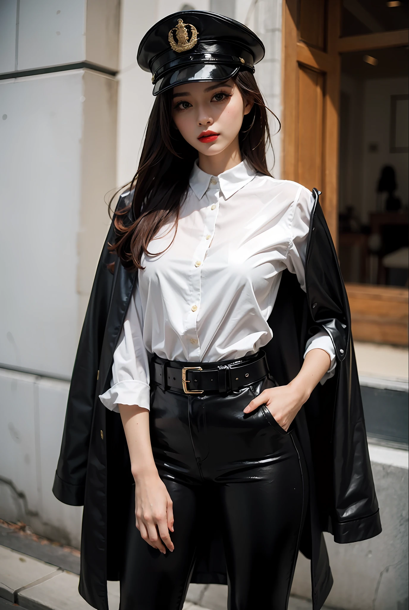 beatiful woman，Dress conservatively，white  shirt，black formal，military hat，Black leather pants，Cloak，crpg，Cold and glamorous，Redlip，belt around waist，Capable，