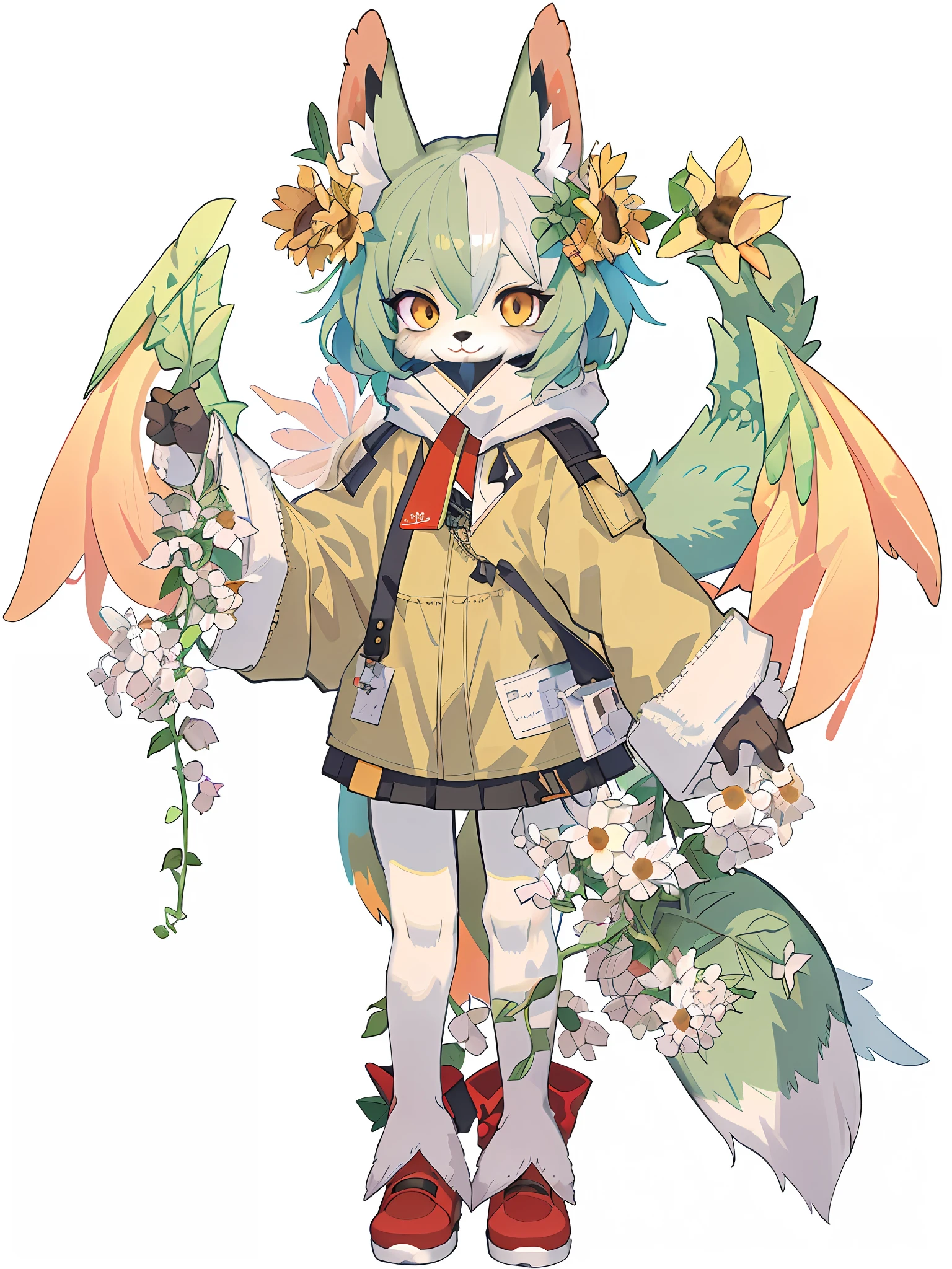 There is a fox with wings and a tail, Pisif, at pixiv, Pisif style, red fox, Pisif Contest Champion, Popular on Pisif, zerochan art, author：Shitao, no type, [ conceptual art ]!!fullllbody，shaggy，sunflower
