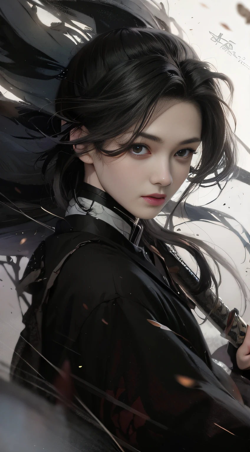 A 20-year-old heroine,length hair,Hanfu,Robe,Handsome face shape,Fierce and evil,The eyes are murderous,looking straight the viewer,true to life:1.2