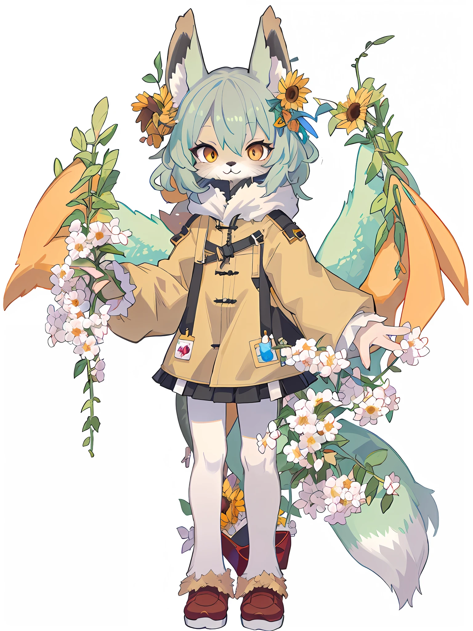 There is a fox with wings and a tail, Pisif, at pixiv, Pisif style, red fox, Pisif Contest Champion, Popular on Pisif, zerochan art, author：Shitao, no type, [ conceptual art ]!!fullllbody，shaggy，sunflower