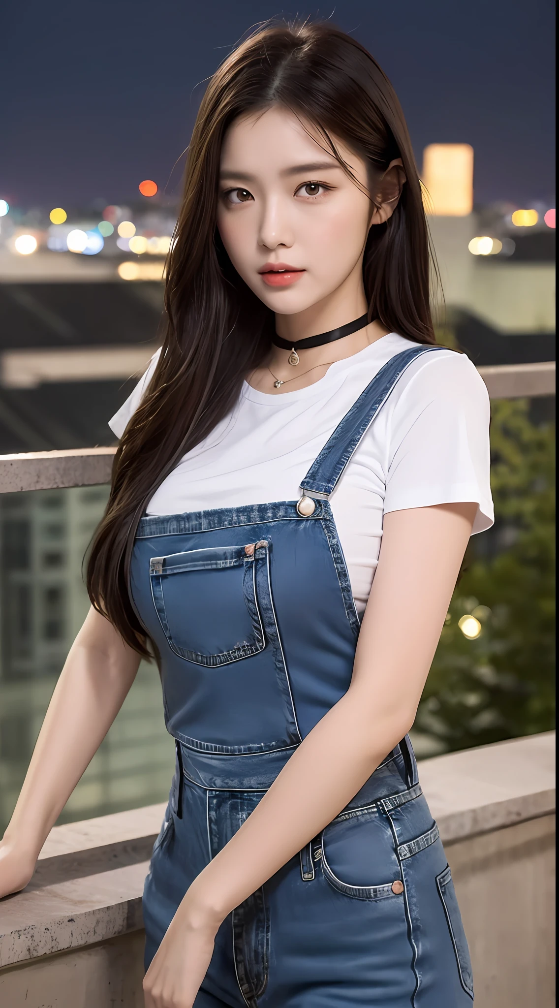 ((midynight, Need, 8k, tmasterpiece:1.3)), fullllbody, Long legs, Focalors:1.2, perfect figure beautiful woman:1.4, Slim abs:1.1, ((Dark brown hair, Big breasts:1.2 )), (Pink skinny T-shirt, Denim suspenders, standingn:1.2), ((city night scene, roofto:1.3)), Highly detailed facial and skin texture, detailed eye, 双眼皮，sunlitgarden