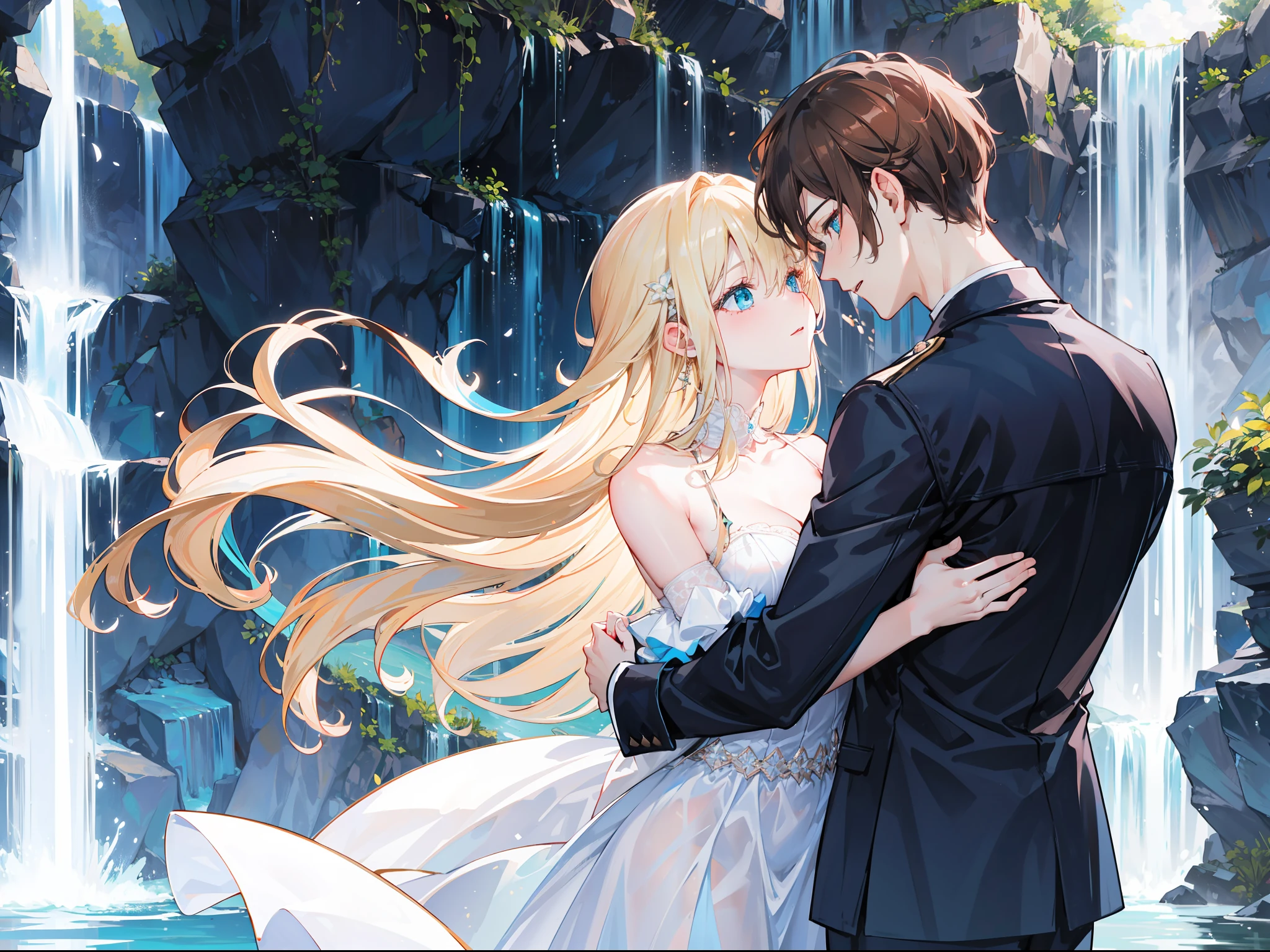 "Generate a adult couple passionately hugging under a waterfall, 4k, showcasing romance with gorgeous lighting. The woman has vibrant long vibrant light-blonde hair and captivating light-blue eyes, while the man has charming brown hair and enchanting emerald eyes."