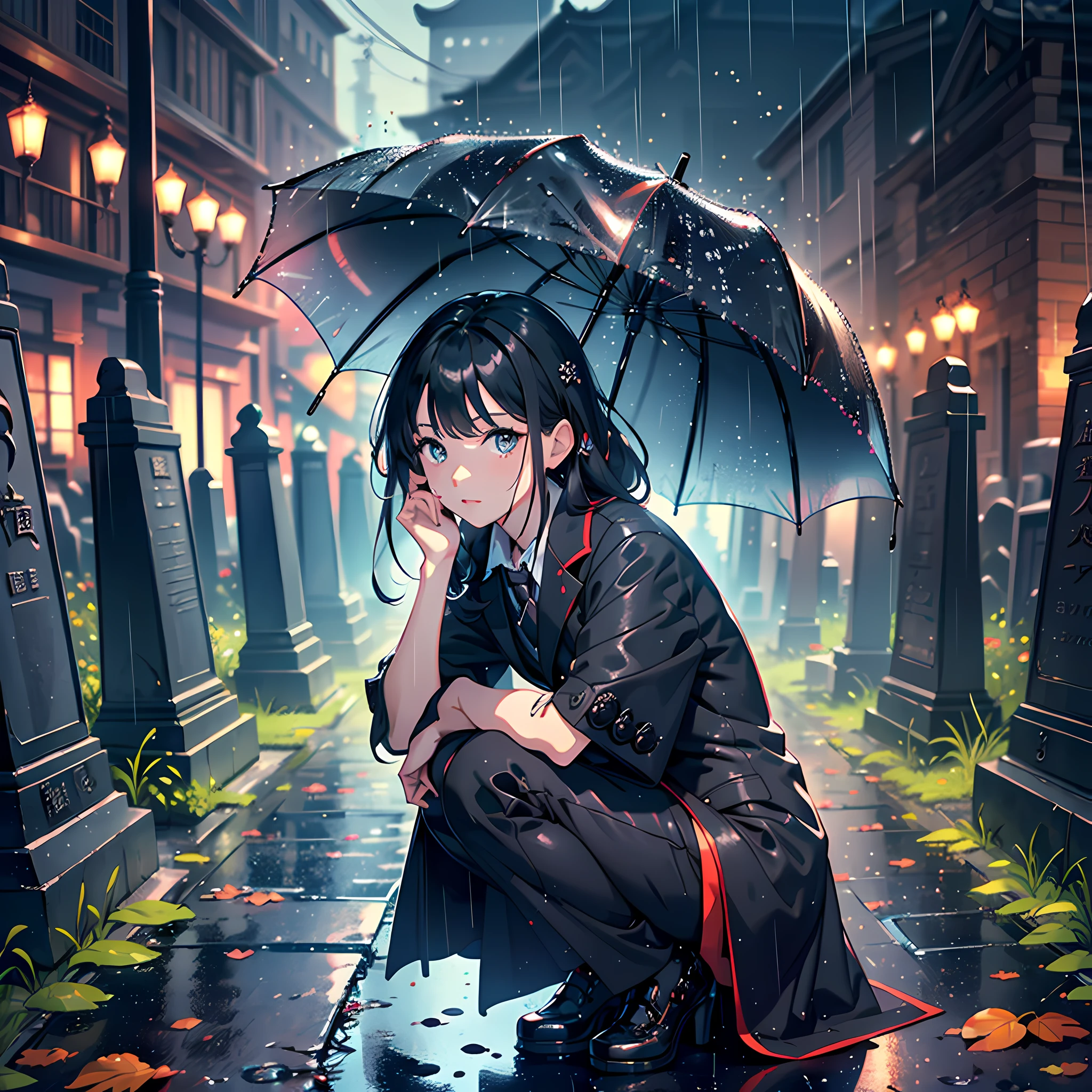 On a rainy day, A beautiful woman in black，in a graveyard, bowing. Behind her are 10 men in suits and umbrellas, Asia face,(((巨作),(Extremely detailed CG unity 8k wallpaper)，