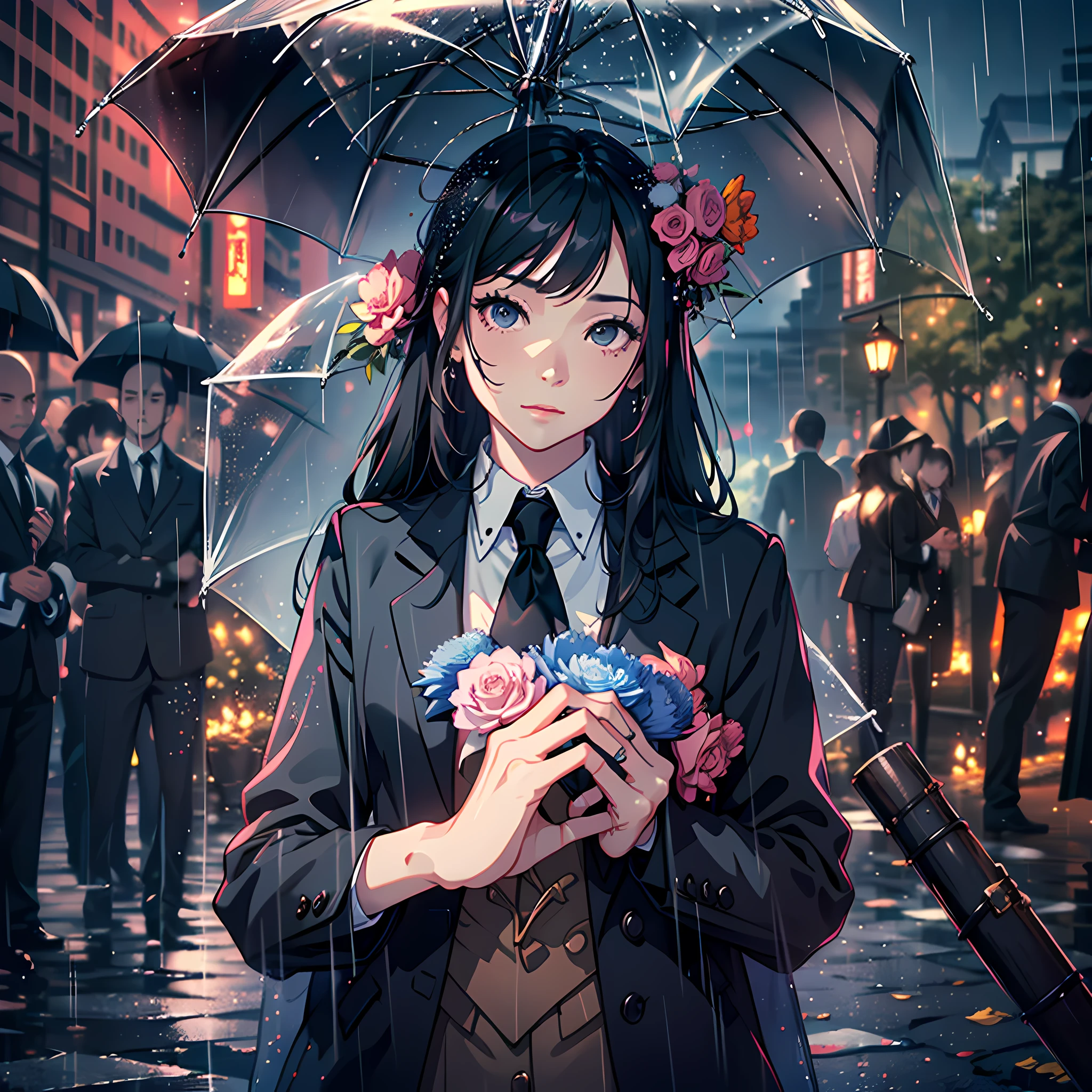 On a rainy day, A beautiful woman in black,in a graveyard, bowing. Behind her are 10 men in suits and umbrellas, Asia face,(((巨作),(Extremely detailed CG unity 8k wallpaper),