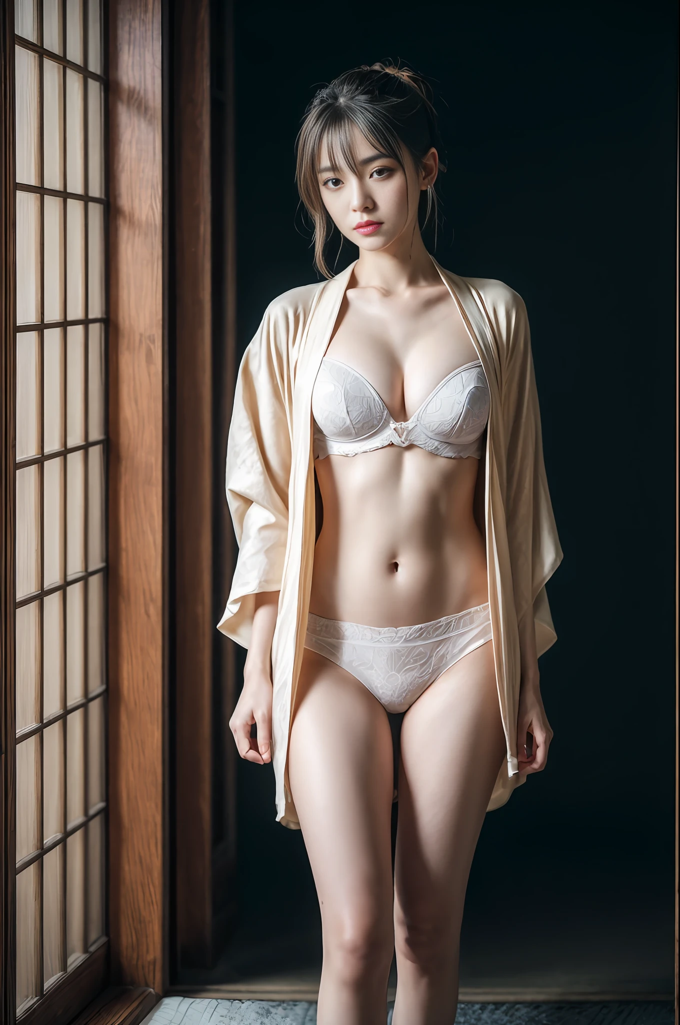 Woman in elegant yukata standing, (In an ultra-thin yukata), (Showing thighs and legs)、((the whole body is wet、Sticking to the body、show through、no-bra、Nipple ring))、Wearing kimono, Kimono, in a kimono, japanese kimono, bath robe, Wearing a kimono, Japanese Models, traditional japanese, japanese lady, pale and coloured kimono, elegant japanese woman, goddess of Japan、(crisp photos)、raw,(8K, beste-Qualit, masterpiece:1.2),(intricate detailes:1.4),(a photorealistic:1.4),octane renderings, Complex 3D rendering ultra detail, Studio Soft Light, Rim Lights, vivid detail, Super Detail, realistic skin textures, Detail Face, Beautiful detail eyes, Very detailed CG Unity 16k wallpaper, make-up, (detailedbackground:1.2), (SFW)