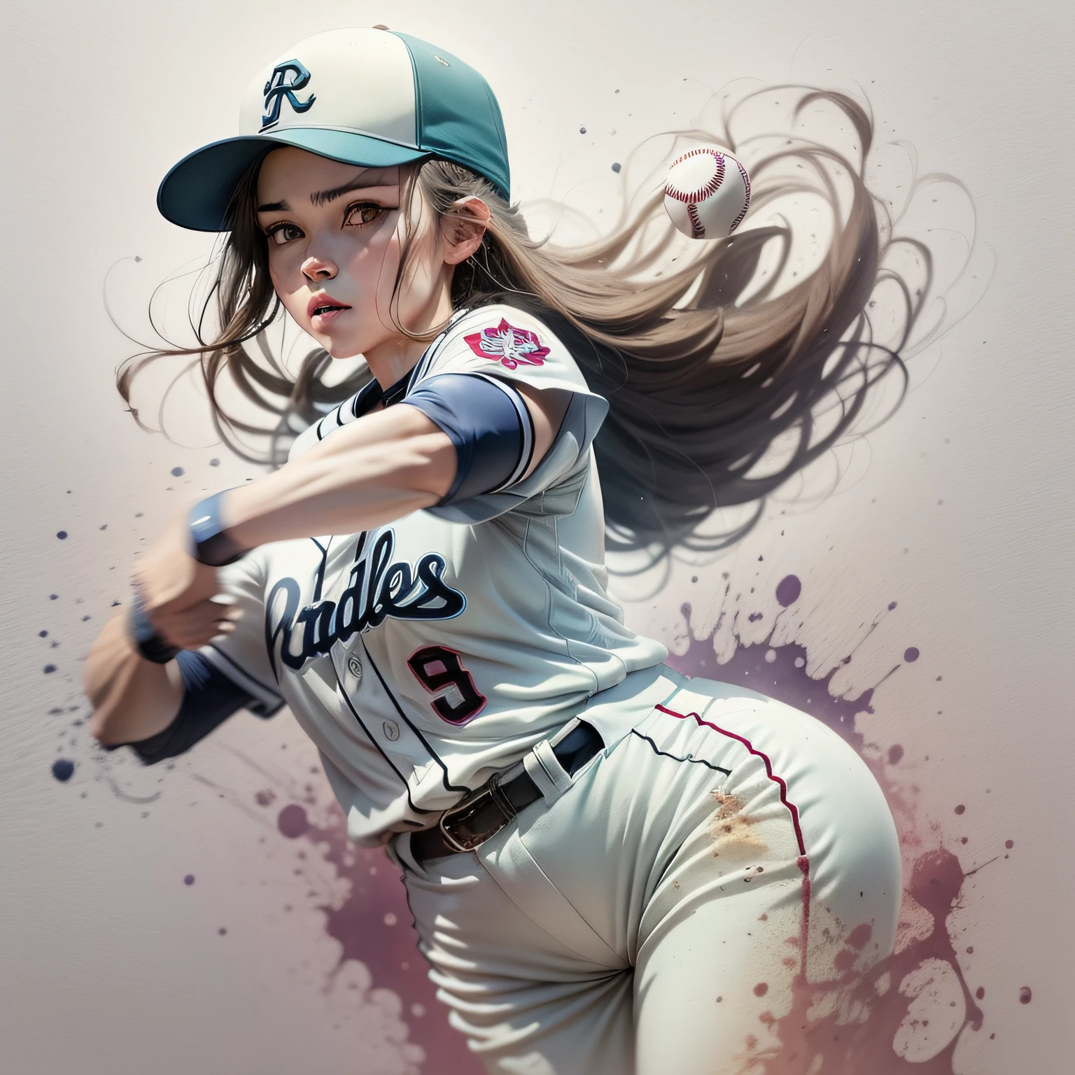 1girl in、Baseball Player、Wearing a baseball uniform、I'm a pitcher、masutepiece, Best quality,Dynamic movement， Simple background, Abstract,watercolor painting, Light color background、colorful senery, Sideways,