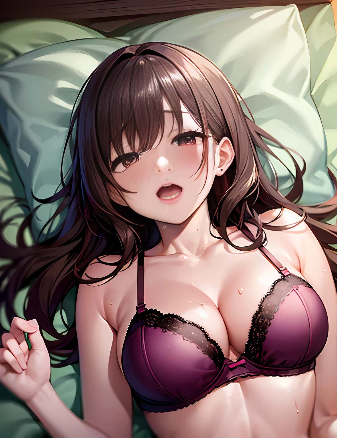 pov、Beautiful woman with brown hair in shorts and bra、Lying next to you in bed、Angle from above、beste-Qualit、​masterpiece、８ｋ、Beautiful pictures, (red blush), ,NSFW、Holding back from peeing、Open mouth、put out the tongue、Steam from the mouth、Sweat from the face、Patience is the limit、On the verge of climax、embarrassed from