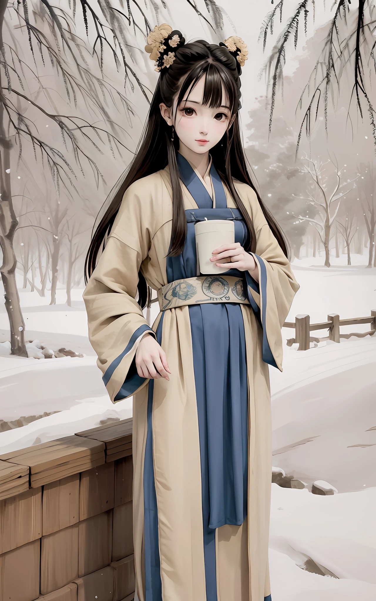 Shuk walked ma, negative space , shuimobysim, Statue of a woman, Willow branches, (tmasterpiece, best quailty:1.2), Traditional chinese painting, Model style, placid, (ssmile), looking looking at viewer, Wearing a long Han costume, Hanfu,song,Willow tree in background,Smoke willow painting bridge,Wind curtain,Cloud trees around the embankment sand,Frost and snow