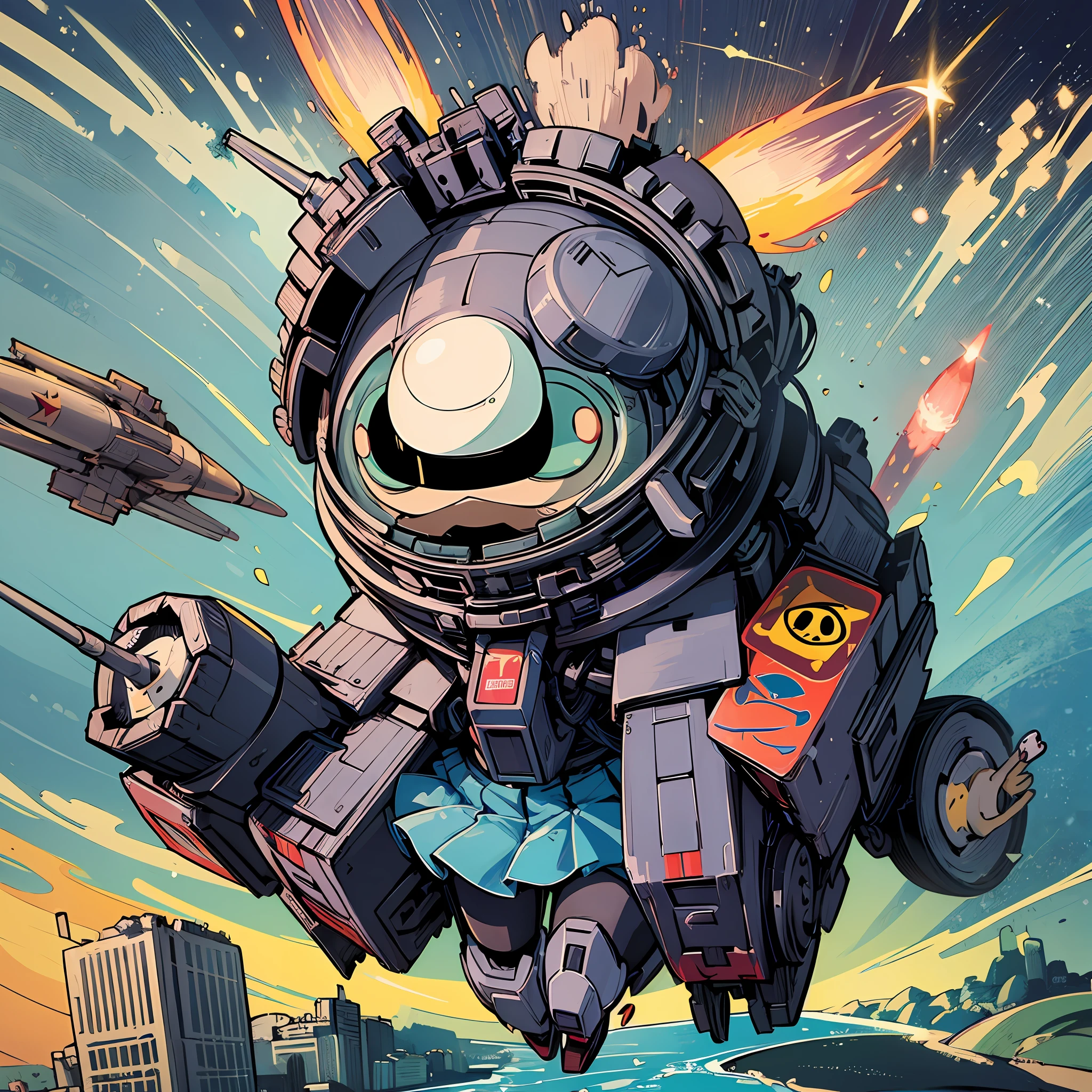 ((a sticker:1.5)))、((Chibi Chara))、(((missile pod)))、((Destroy the city))、Multiple missile launchers、fluffy、1girl in、Strongest、Chibi Chara、fullllbody、Pastel colors hair、Fairy tale、Fantastical、masuter piece、beste-Qualit、high picture quality