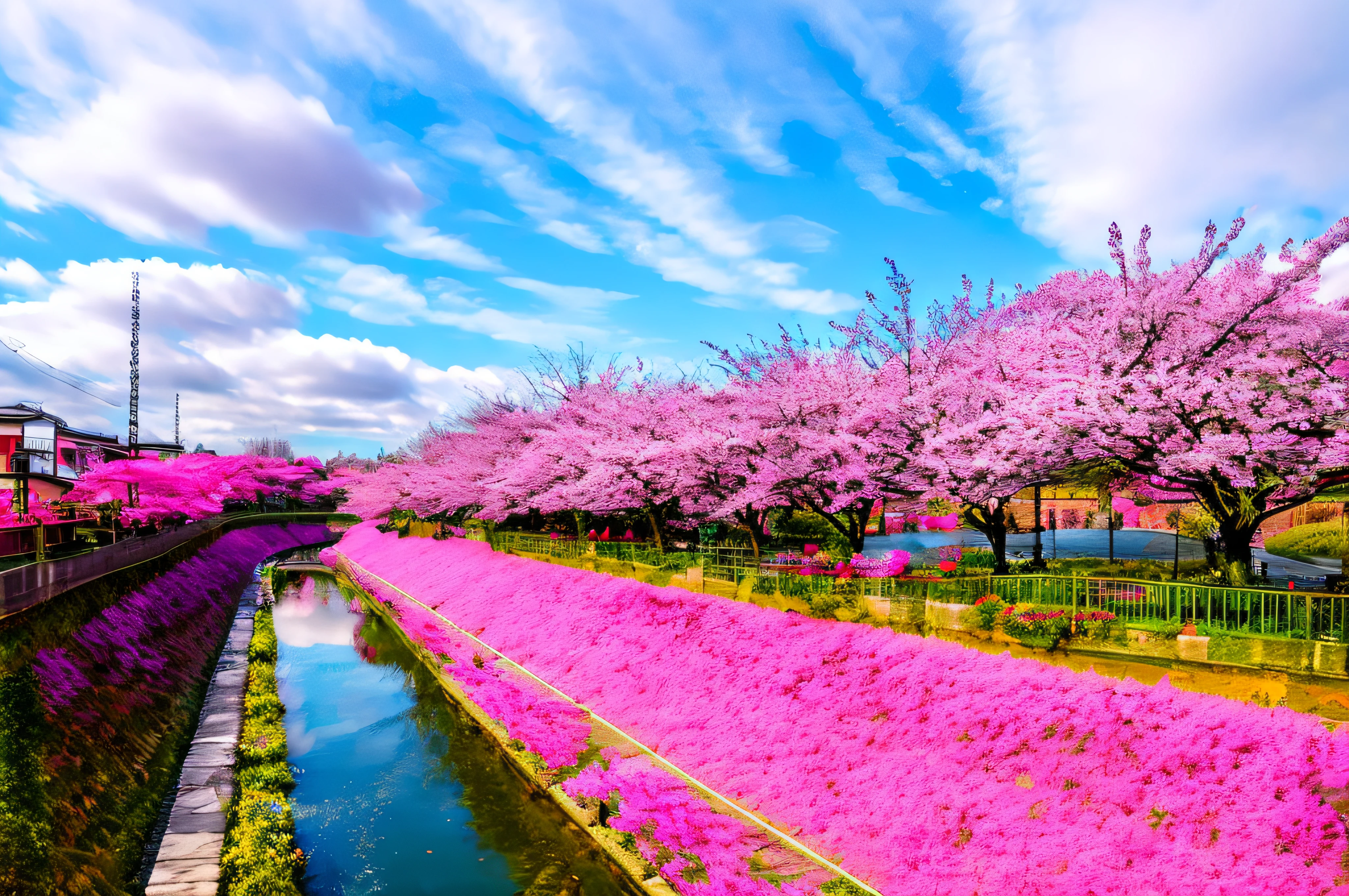 there are many pink trees along the river in the city, cherry trees, sakura trees in the background, The cherry tree, moat, sakura bloomimg, giant cherry trees, beautiful iwakura, sakura trees in the background, lush sakura trees, The cherry tree, iwakura, sakura season, lots of sakura flowers, by Hiroshi Honda, canal, Sakura