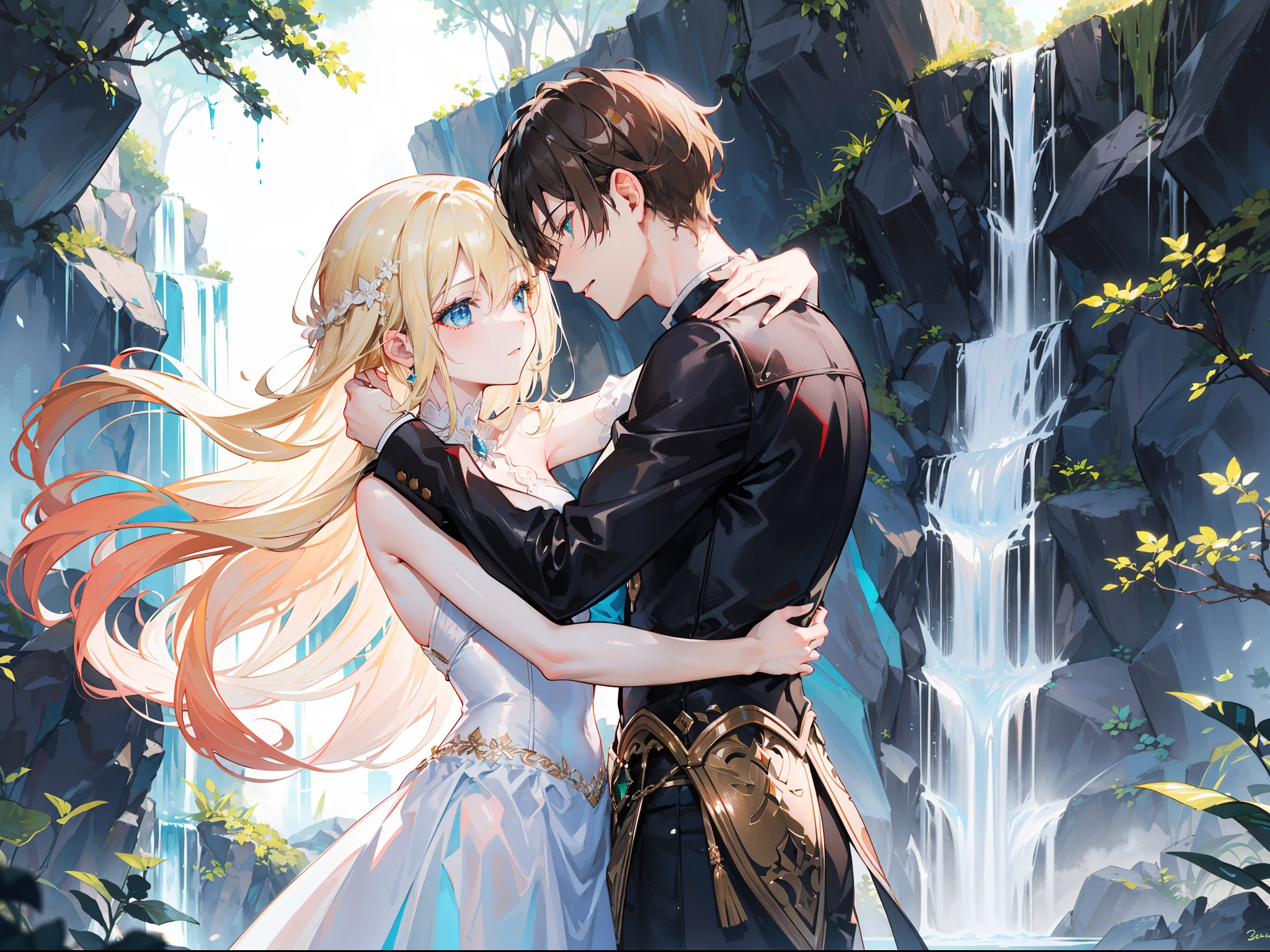 "Generate a adult couple passionately hugging under a waterfall, 4k, showcasing romance with gorgeous lighting. The woman has vibrant long vibrant light-blonde hair and captivating light-blue eyes, while the man has charming brown hair and enchanting emerald eyes."