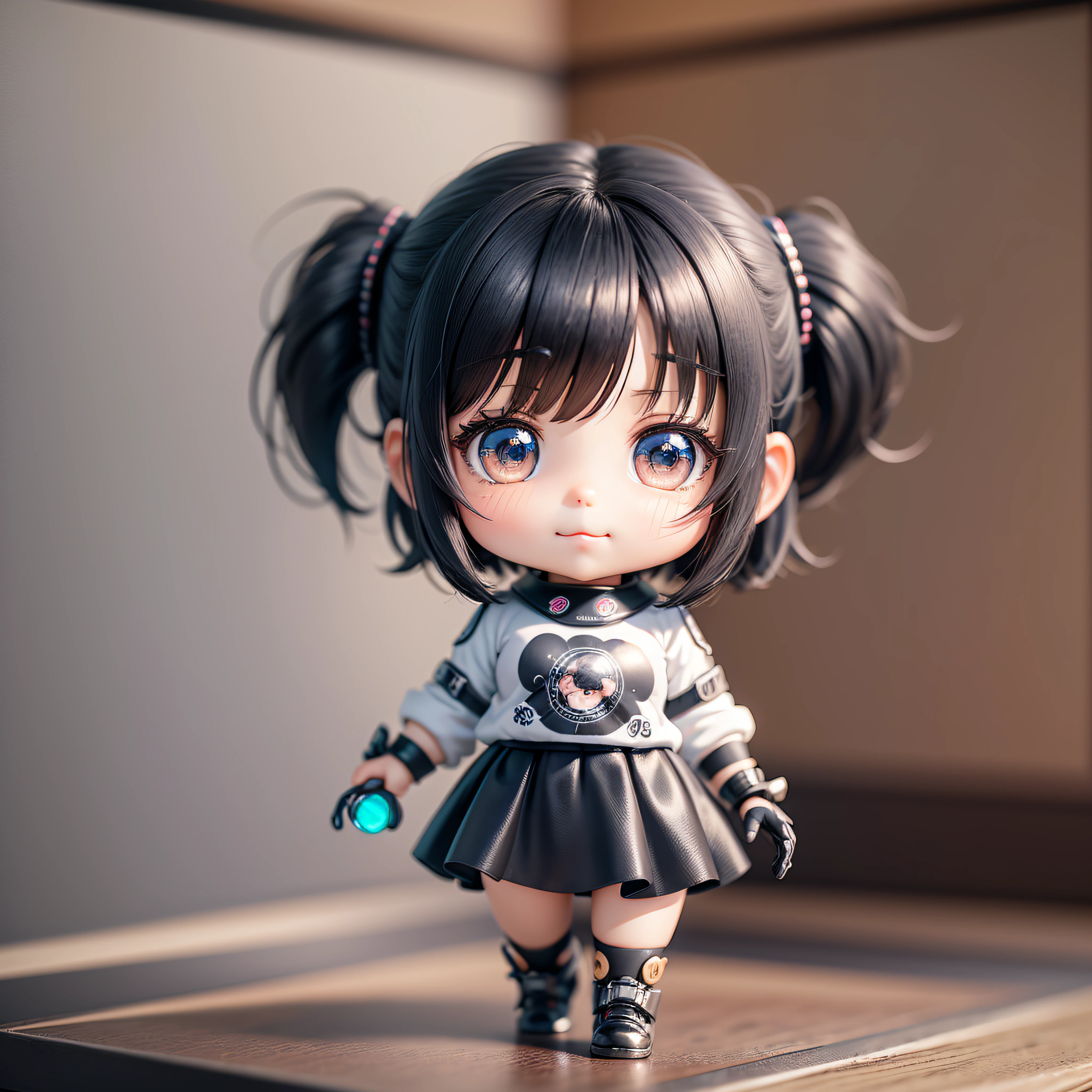 (Masterpiece), (Best Quality), (Highest Detail), (Full Body: 1.2), (Chibi), Moe Girl, 3D, Q Version, Short Black Hair, Girly, Light and Shadow, Female, Girl, Tide Play Blind Box, Q Version Characters, Figures, Dolls, Watery Big Eyes, Happy Look, Sweet Smile, Short Hair, Black Hair, Holding a Big Chicken Feet, Black Leggings, Anatomically Correct, Gentle and Delicate Hands, Correct Hand Structure, Poster Background, Product Packaging, Product Posters, Magazines, Background Light, Natural Light, Cinematic lighting, clear character outlines, best picture quality, higher quality, high detail, super high resolution, 8k resolution, exquisite facial features, perfect face style for Nendoroid, cute 3D rendering, a cute 3D anime girl rendering, realistic anime 3D style, realistic, super detailed rendering, little people, Unreal Engine 5, 3D anime realistic, anime style 3D --auto --s2