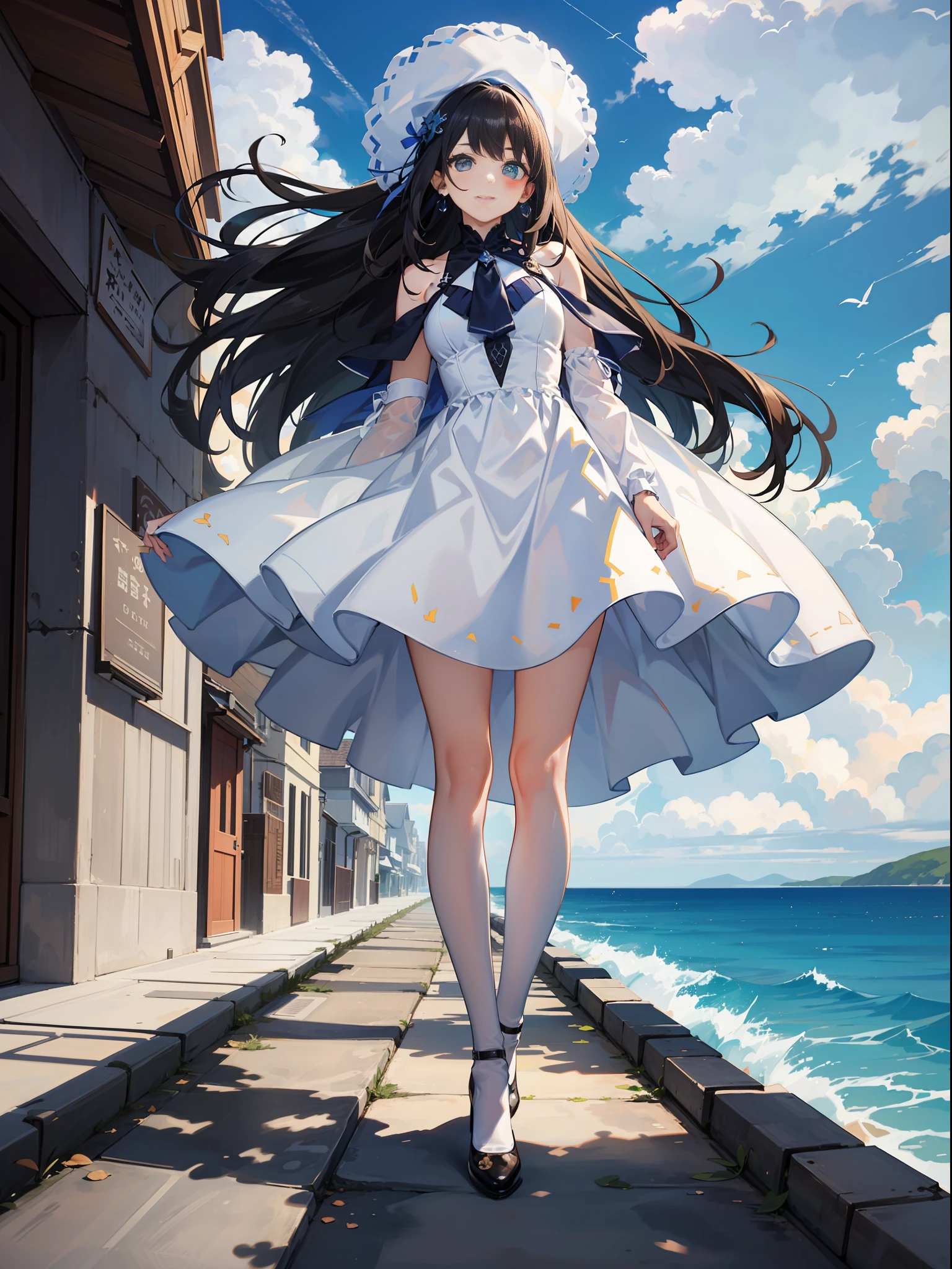 white dresses，depth of fields，in perspective，Tilt forward，Floating hair，cabelos preto e longos，Gray background can be deformed，shift dresses，ssmile，exteriors，blue-sky，​​clouds，the ocean，White stockings