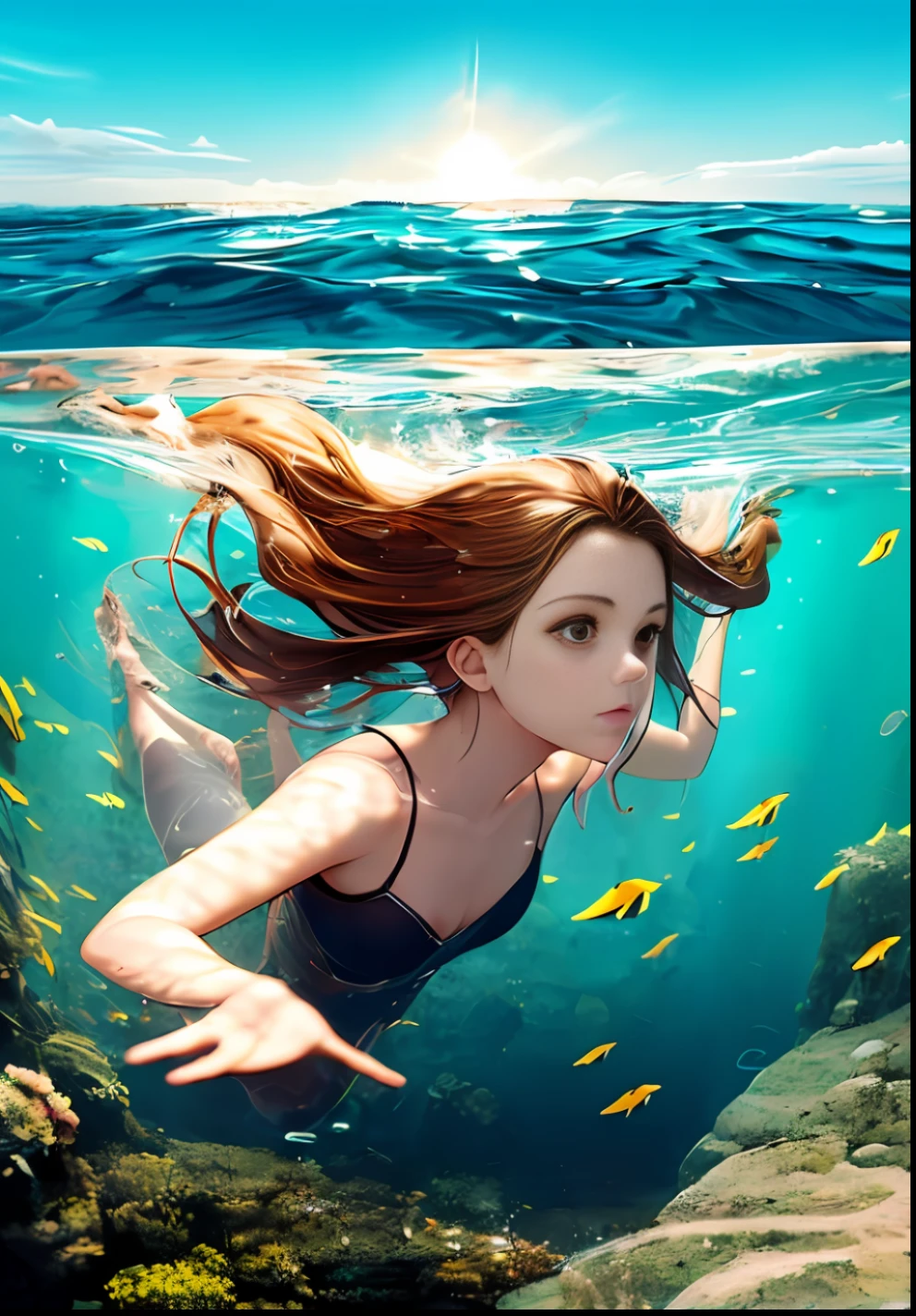 "Draw a beautiful beautiful woman swimming in crystal clear water. She moves freely in the water, swimming gracefully, feeling the power of the water.
The water is highly transparent and the sun's rays sparkle and reflect. There are underwater plants and fish around the beauty, and the colorful marine ecosystem envelops her. In the water, the influence of gravity is less, and her movements are graceful and light.
The figure of a beauty may be floating in the water. Her hair is flowing wet and fluttering like a curtain of clear water. Her expression is calm and she seems to enjoy a free presence in the water.
This prompt is for depicting the figure of a beautiful beauty swimming in the water. Visually express her grace and freedom of movement, the transparency of water or the reflection of light. By depicting her facial expressions, the flow of her hair, and her harmony with the underwater ecosystem, create scenes that enhance the charm and beauty of the water." --auto
