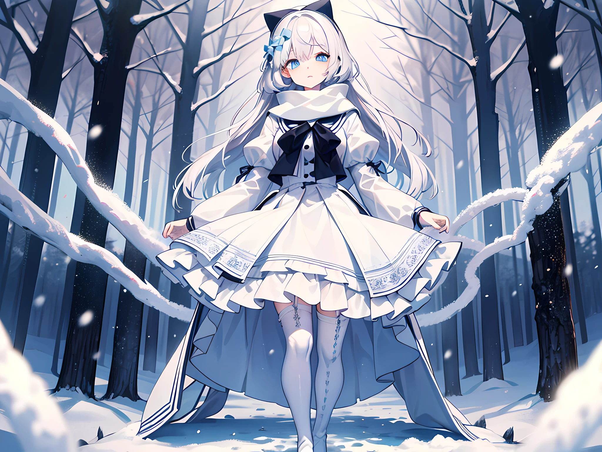 Light blue eyes，Princess cut，whaite hair，White thigh boots，White Gothololita，White over-the-knee stockings，white bows，Full body like，sweeping bangs，half-closed eye，Long white scarf，forested，Night，at winter season，tmasterpiece，4K，Award-winning photos，extremely detaile，finely detailled，Highly detailed woman，Teen girls，Extremely detailed eyes and face，best quailty，Indifferent expression，Standing