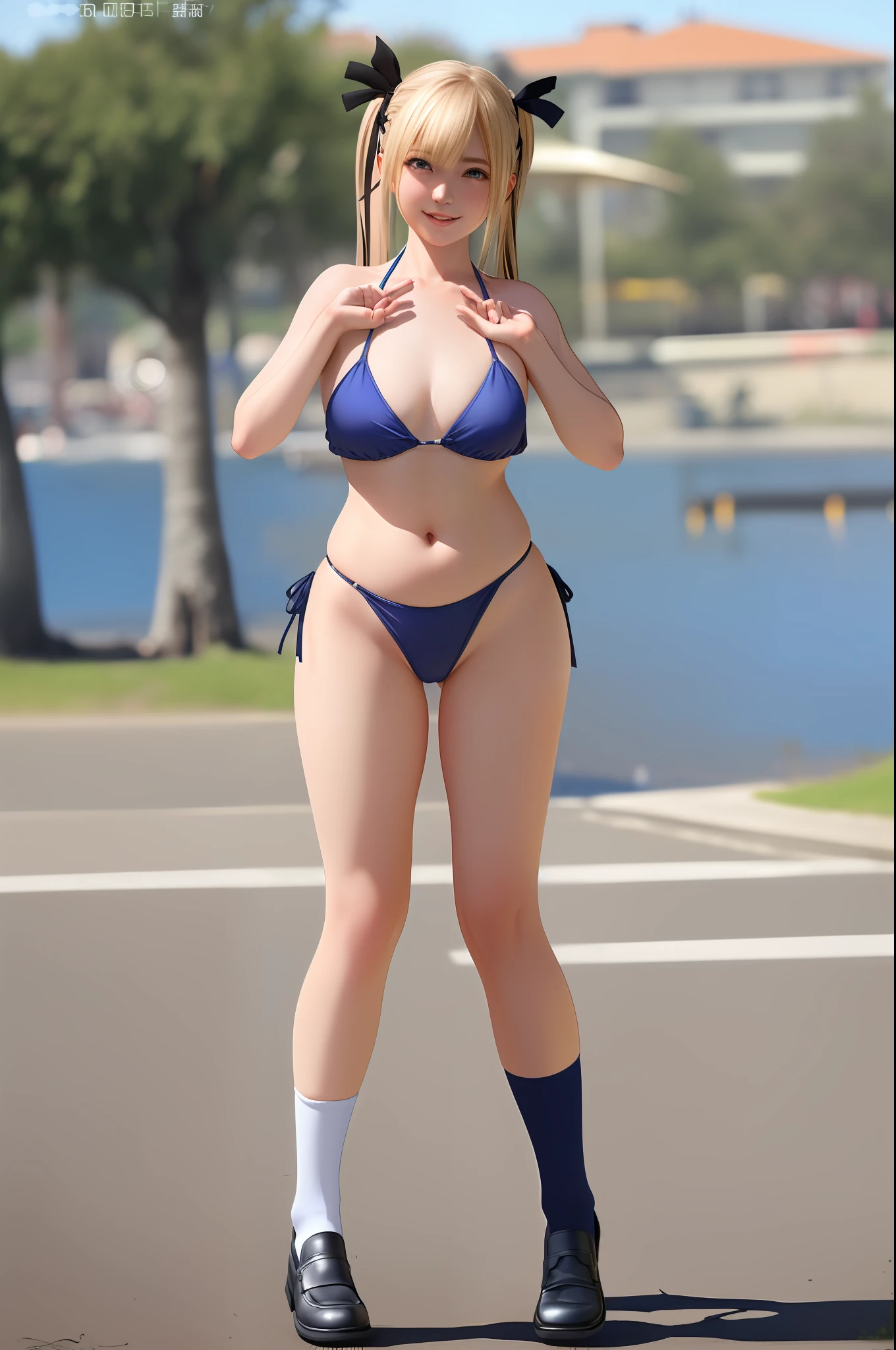 Top image quality、8K picture quality、hightquality、Detailed picture、1girll、独奏、Full Body Marie Rose、A smile、Embarrassing、red blush、small plump breasts、(protrusion at the tip of the chest)、(Slender body))、(Shiny metallic)、((Micro bikini with small dark blue fabric area))、(Stick hard into the crotch)、((Standing))、(((Open your feet shoulder-width apart:1.4)))、((Twist your upper body:1.2))、((Black High Socks))、((Brown loafers))、gazing at viewer、((Turning your back to the viewer:1.3))、(Turn your ass to the viewer)、white thighhig、Stone corridor、Professional lighting、((Shot from the buttocks:1.2))、((Open your buttocks with both hands:1.3))、