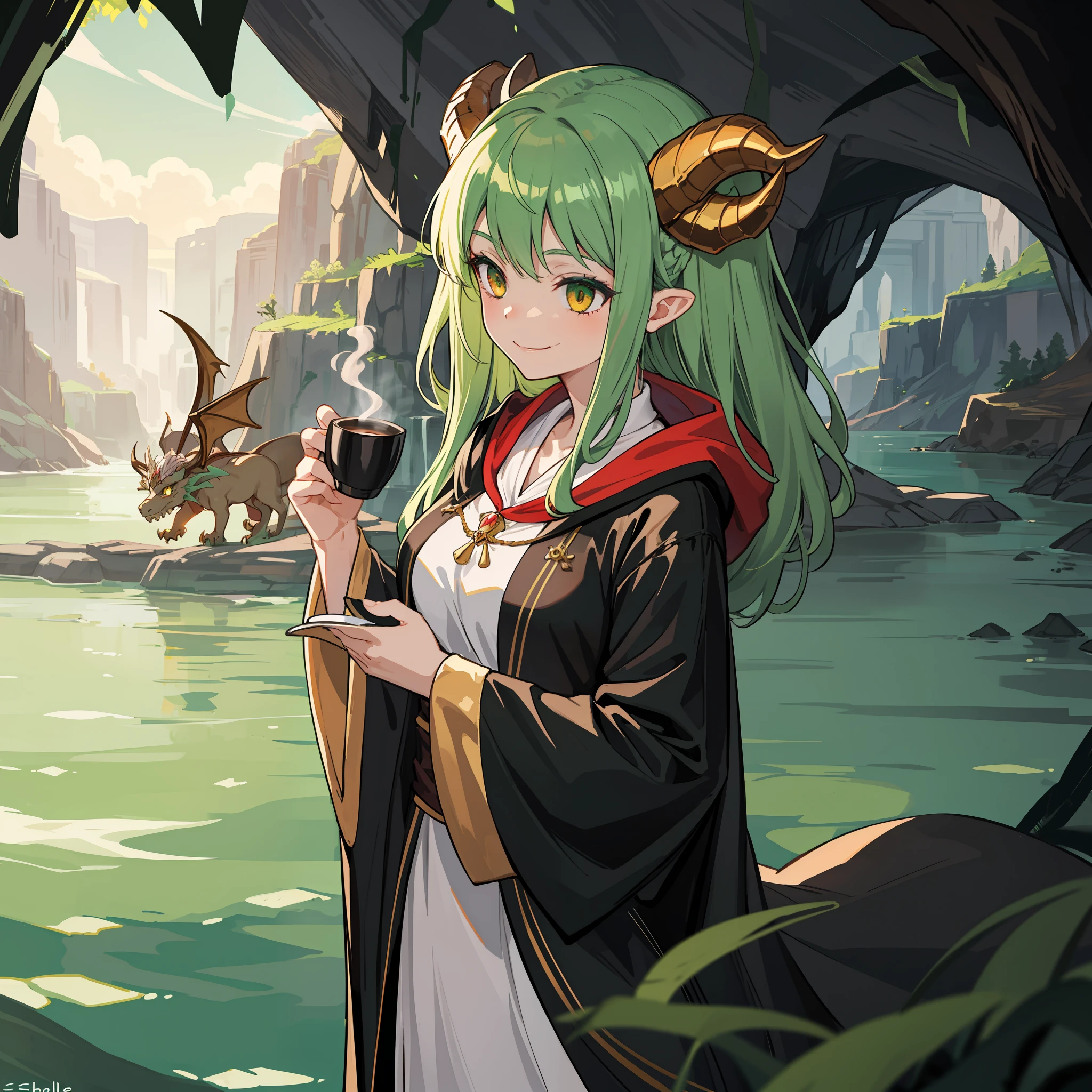1girlhugebreasts，A dragon lady standing in a cave,Outside the cave is a paradise，There are magical creatures flying on the river， 1girl，Loli Mom，Noble, wise and elegant，The whole picture has a quiet atmosphere and delicate lines，Dragon scales on the skin，There are backward dragon horns on the head，Golden eyes，Long pale green hair，Green dragon scales green dragon horns，Coffee with pale leather armor and robes for mages，ssmile，The magic swirled in her hands, Master masterpieces，Infinite refinement of detail