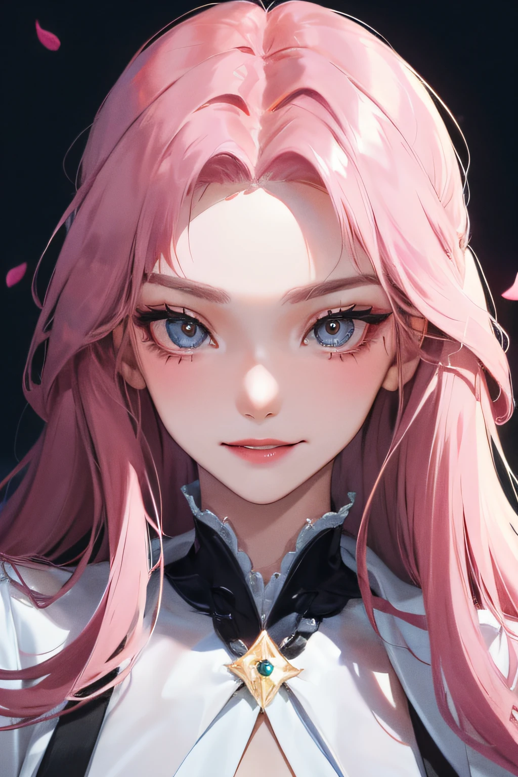 8K, masterpiece, best quality, night, full moon, 1 girl, korean style, mature woman, sister, white long haired woman, long hair, light pink lips, calm, rational, bangs, gray pupils, wearing a blue flower on the head, no background, petal dancing, delicate face, close up, face zoom, detailed face, detailed eyes, looking at viewer, close to viewer, smirk, little smile, full head, no cuts, full hair
